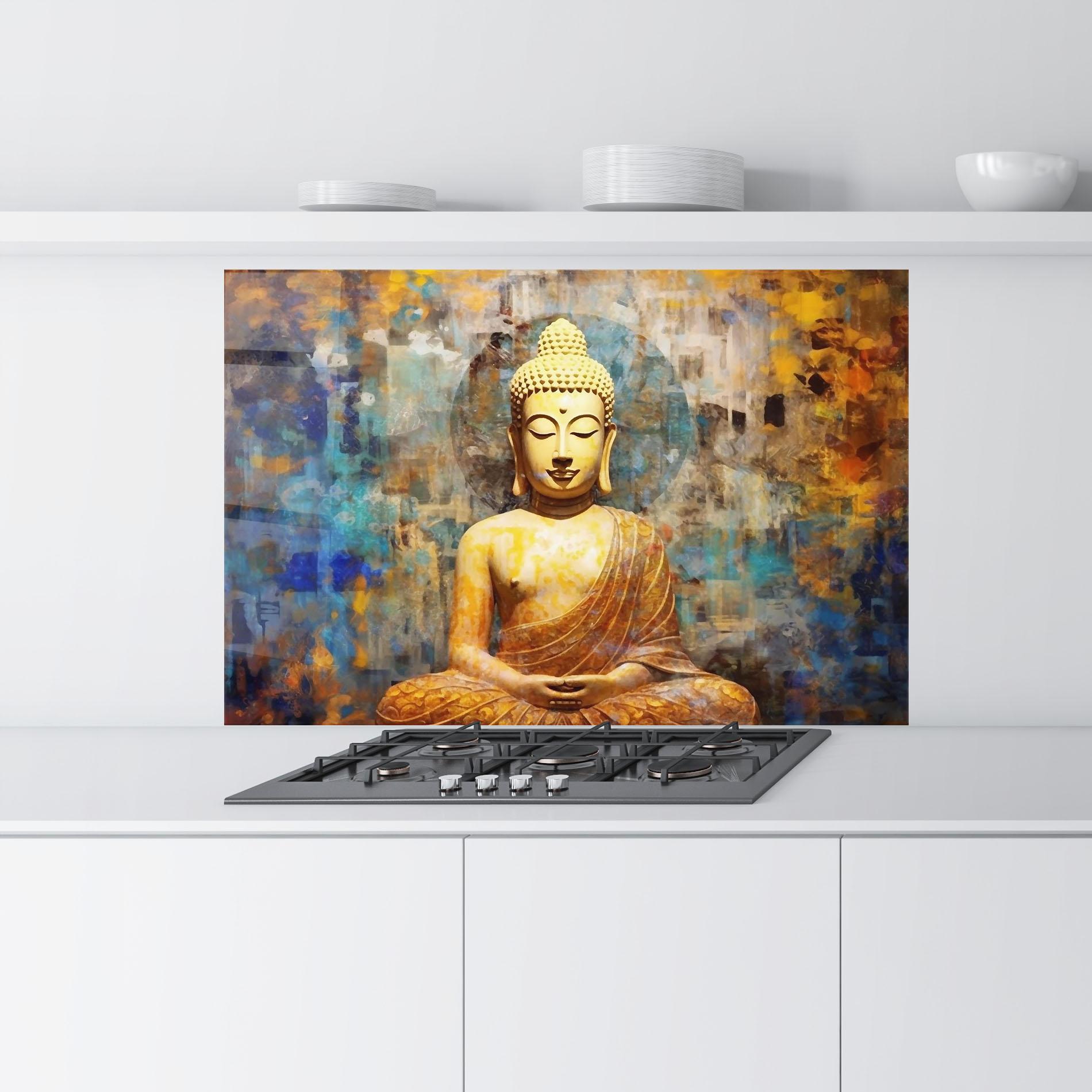 Panou Sticla Bucatarie Buddha Blue Gold mockup 9
