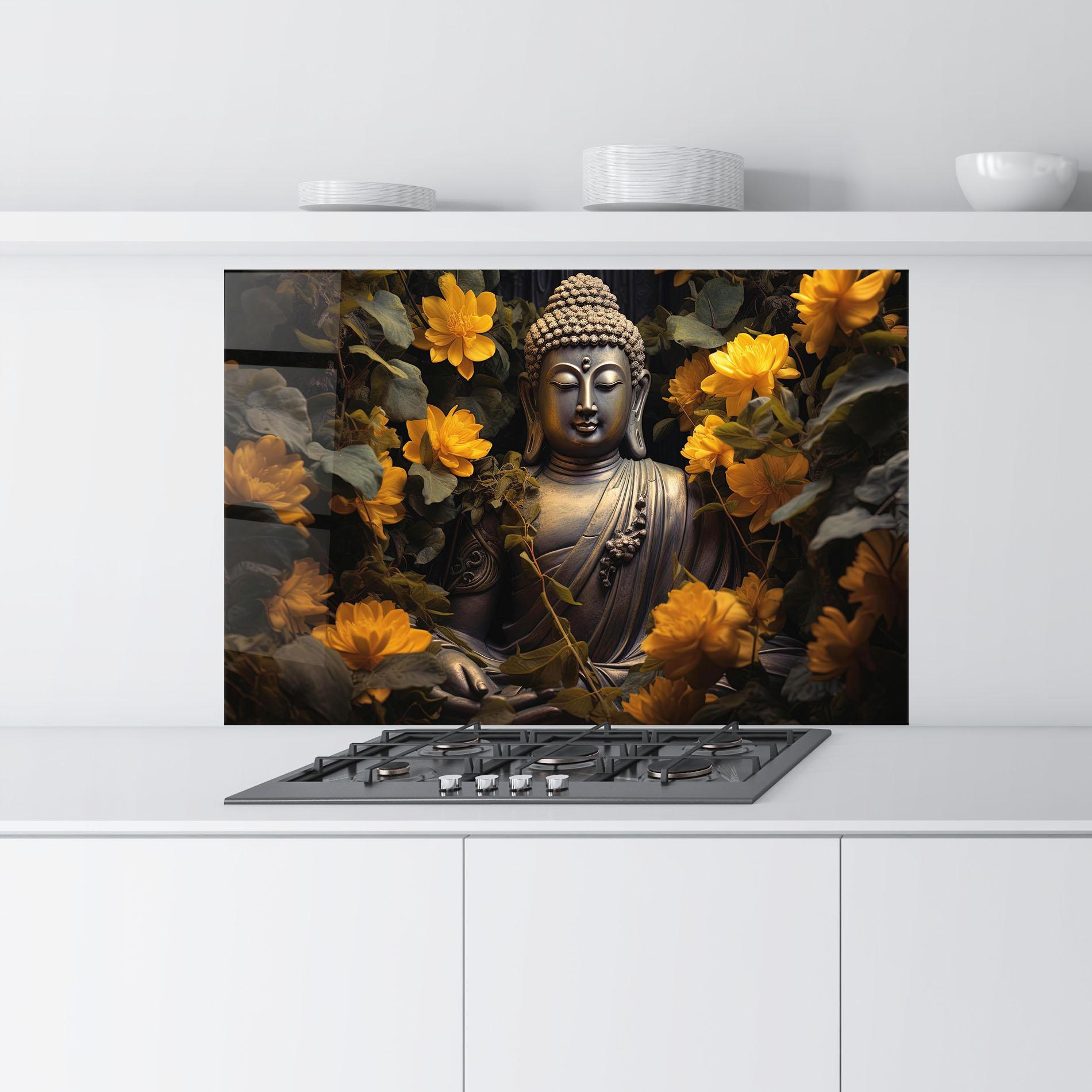 Panou Sticla Bucatarie Buddha Yellow Meditation mockup 9
