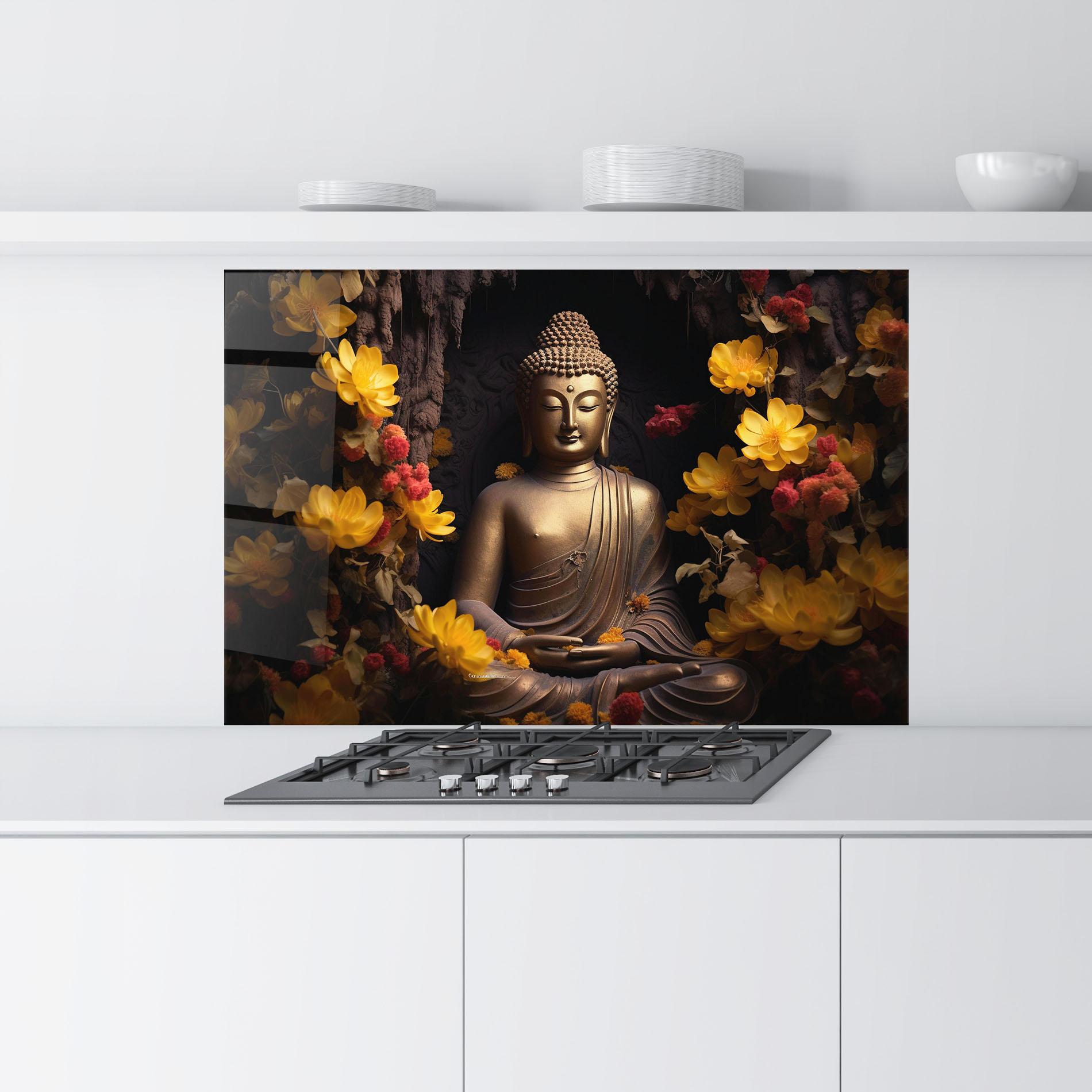 Panou Sticla Bucatarie Buddha Yellow Red mockup 9