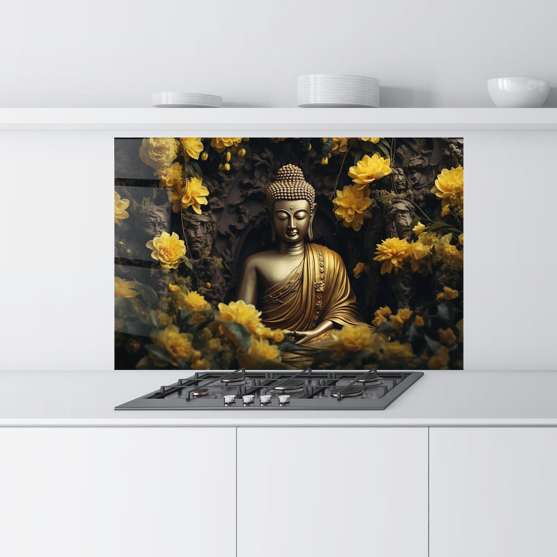 Panou Sticla Bucatarie Gold Buddha Flowers mockup 9