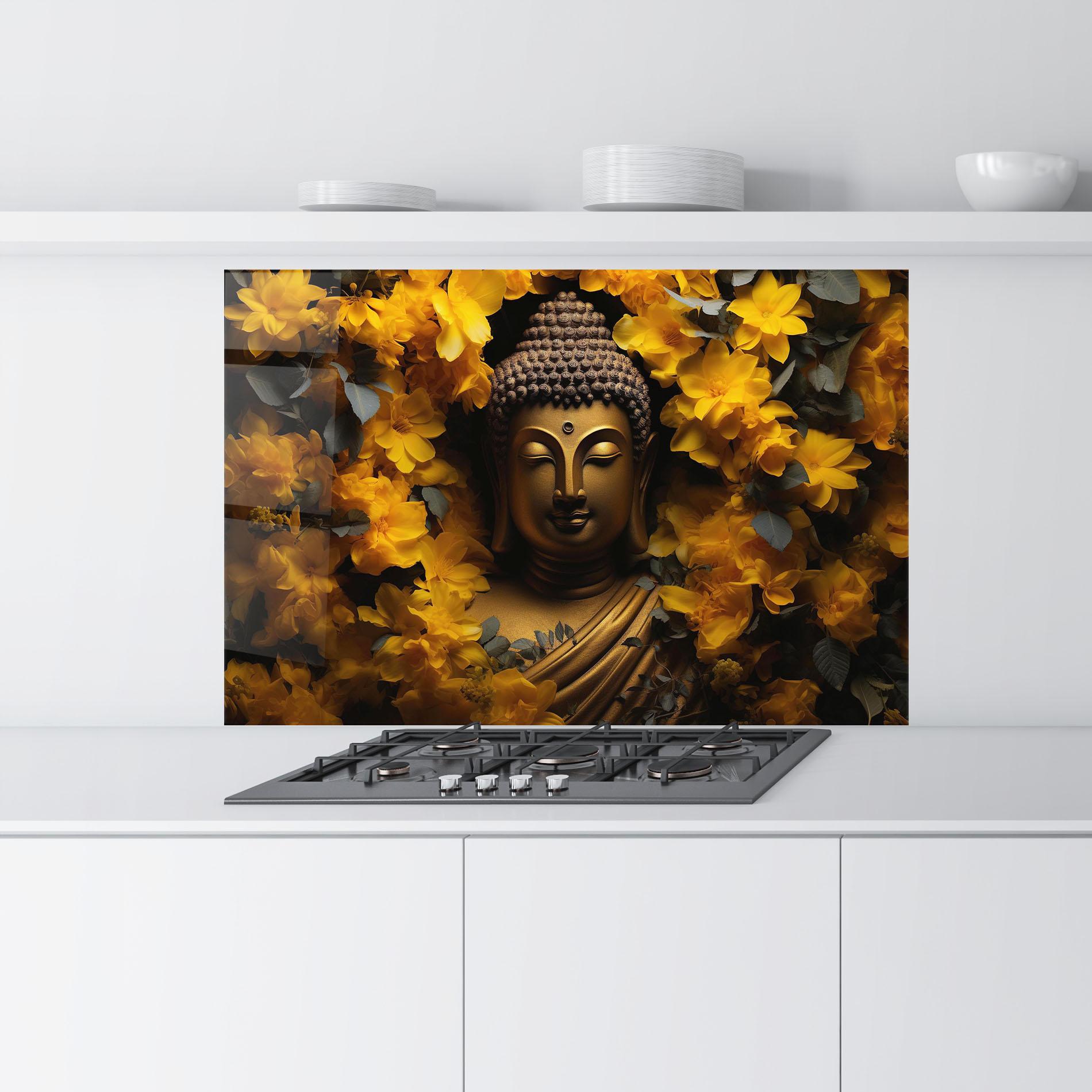Panou Sticla Bucatarie Gold Buddha Meditation mockup 9