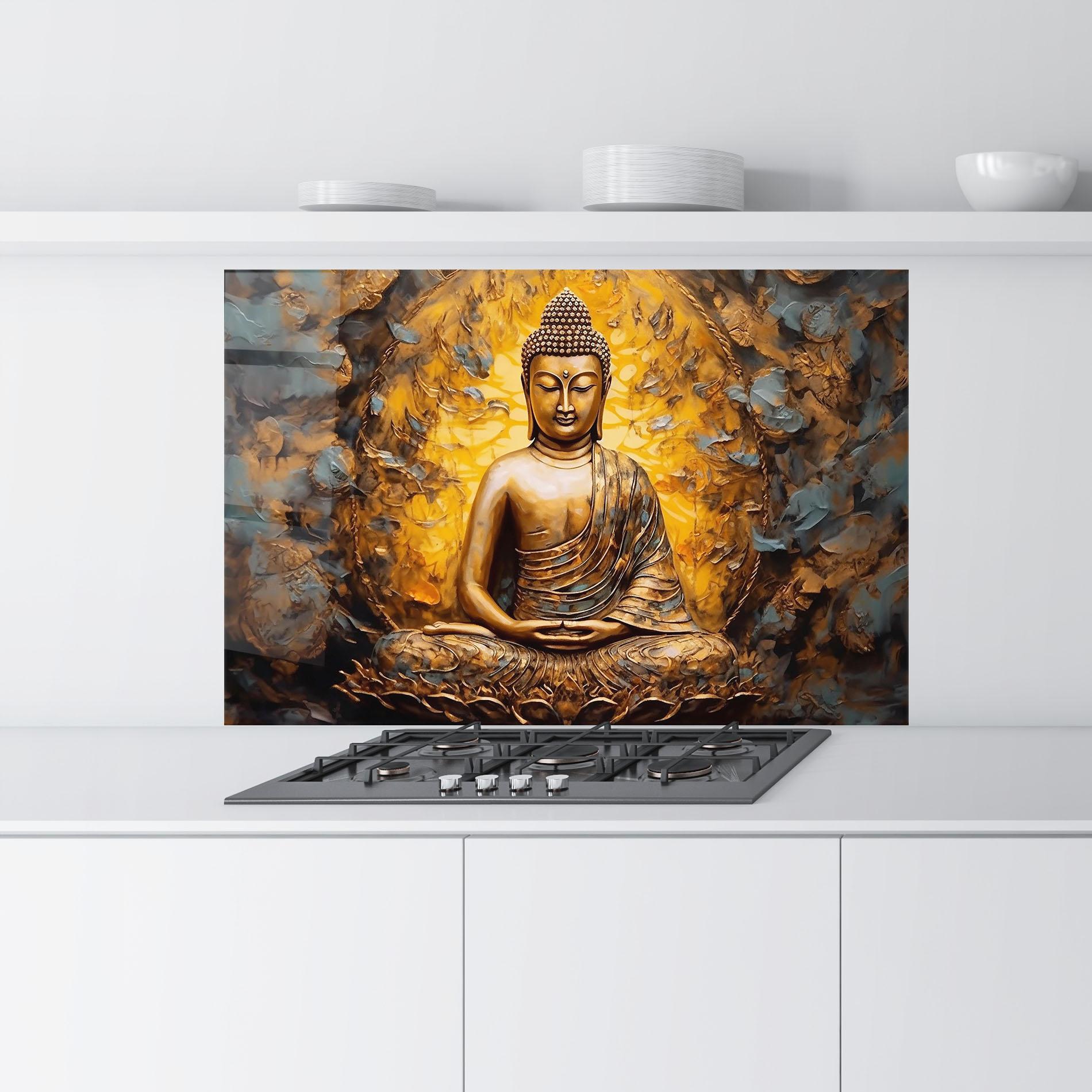 Panou Sticla Bucatarie Gold Grey Buddha mockup 9