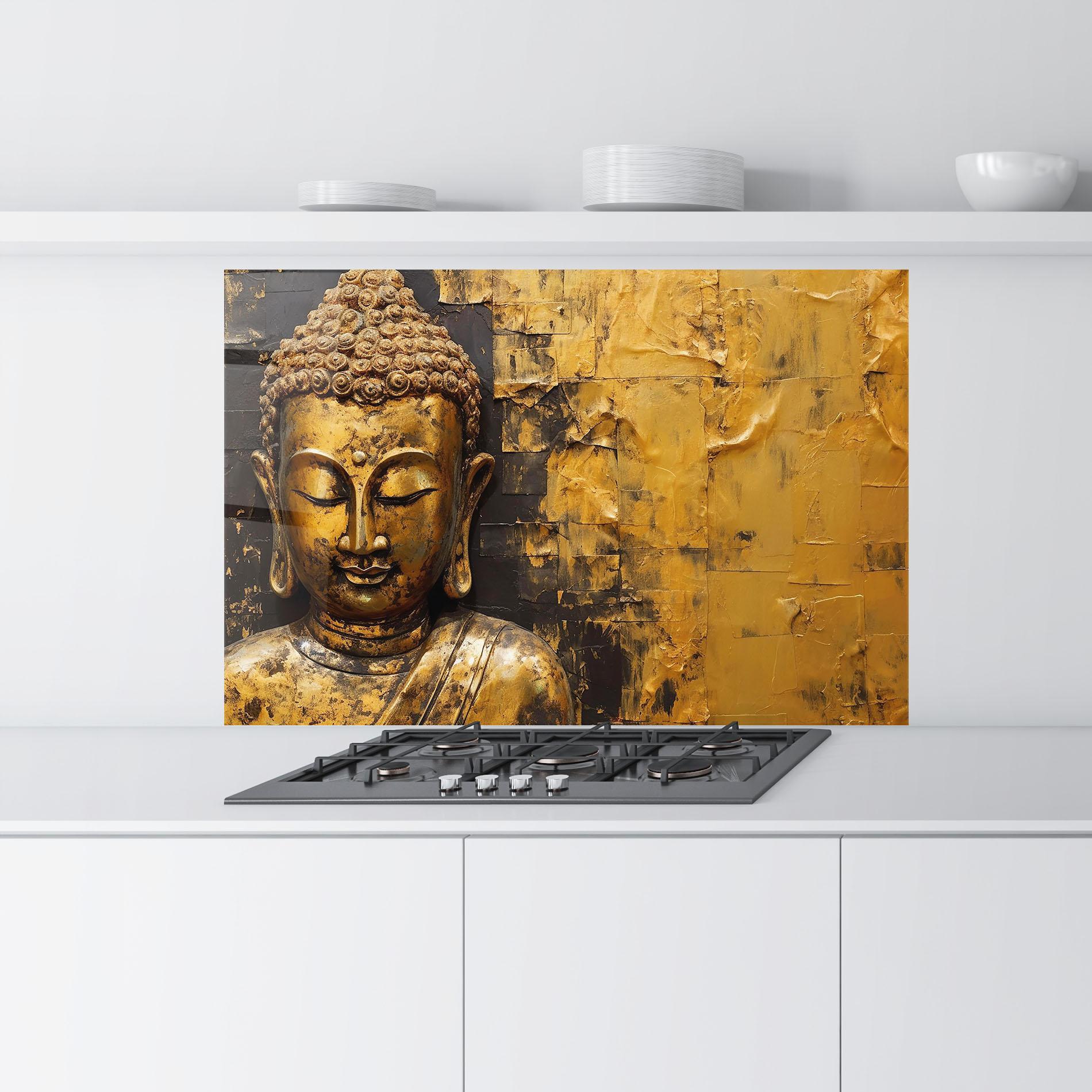 Panou Sticla Bucatarie Gold Paint Buddha mockup 9