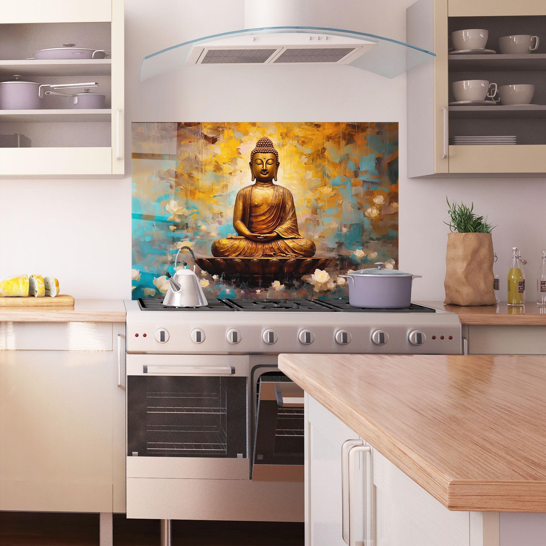 Panou Sticla Bucatarie Blue Gold Buddha mockup 1