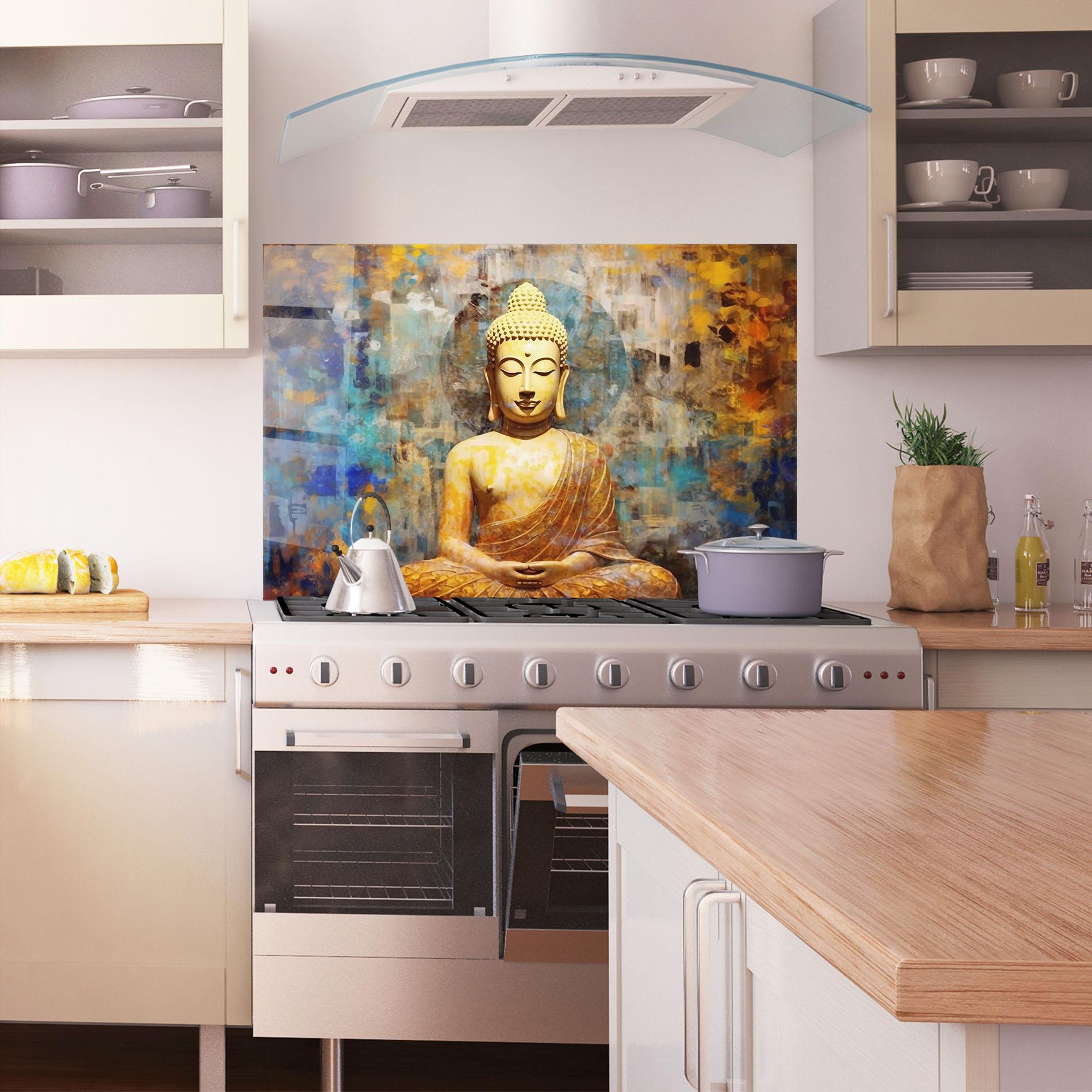 Panou Sticla Bucatarie Buddha Blue Gold mockup 1