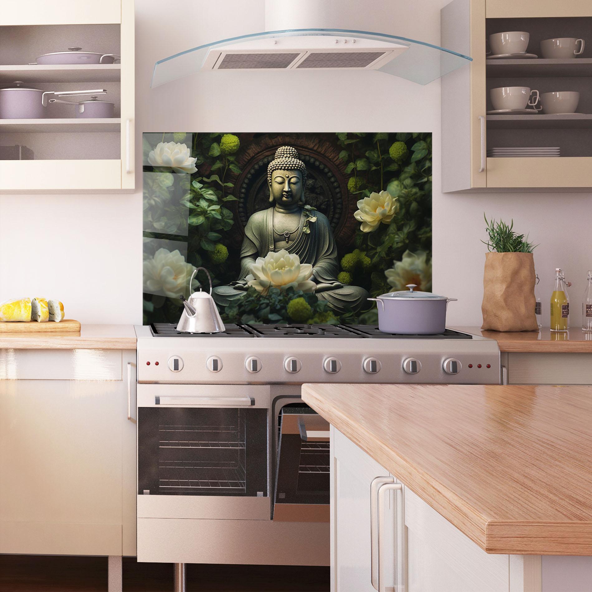 Panou Sticla Bucatarie Cream Flower Buddha mockup 1