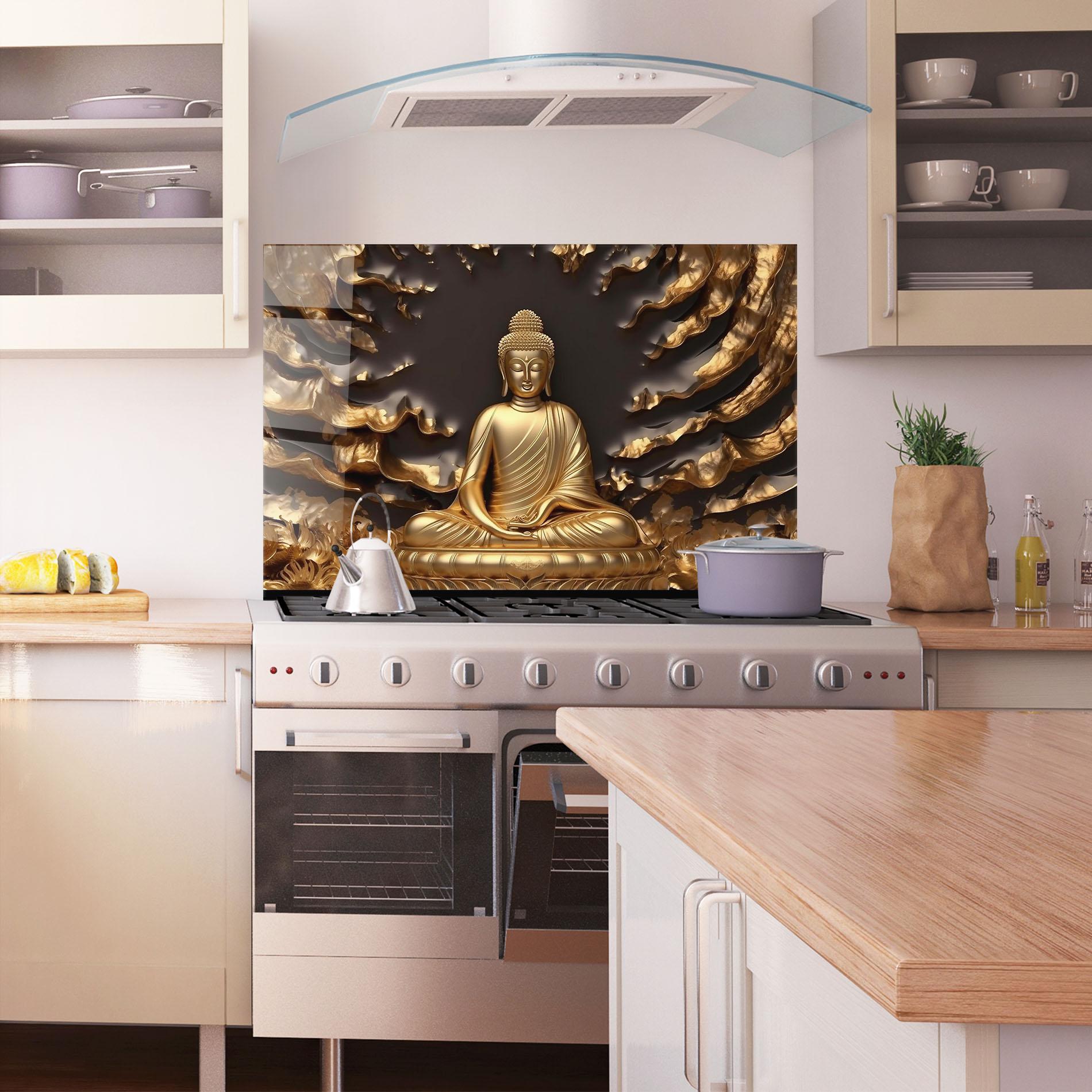Panou Sticla Bucatarie Gold 3d Buddha mockup 1