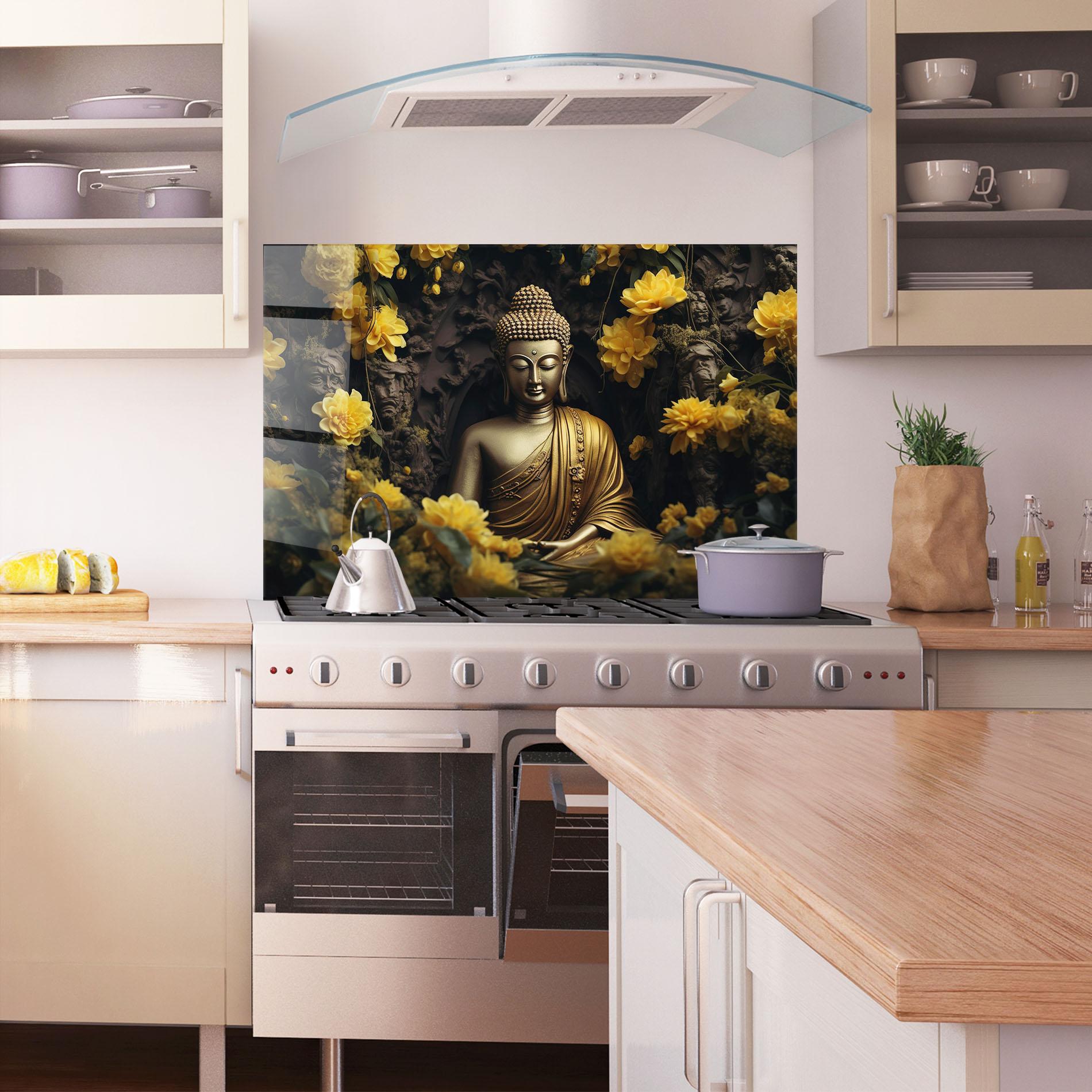 Panou Sticla Bucatarie Gold Buddha Flowers mockup 1