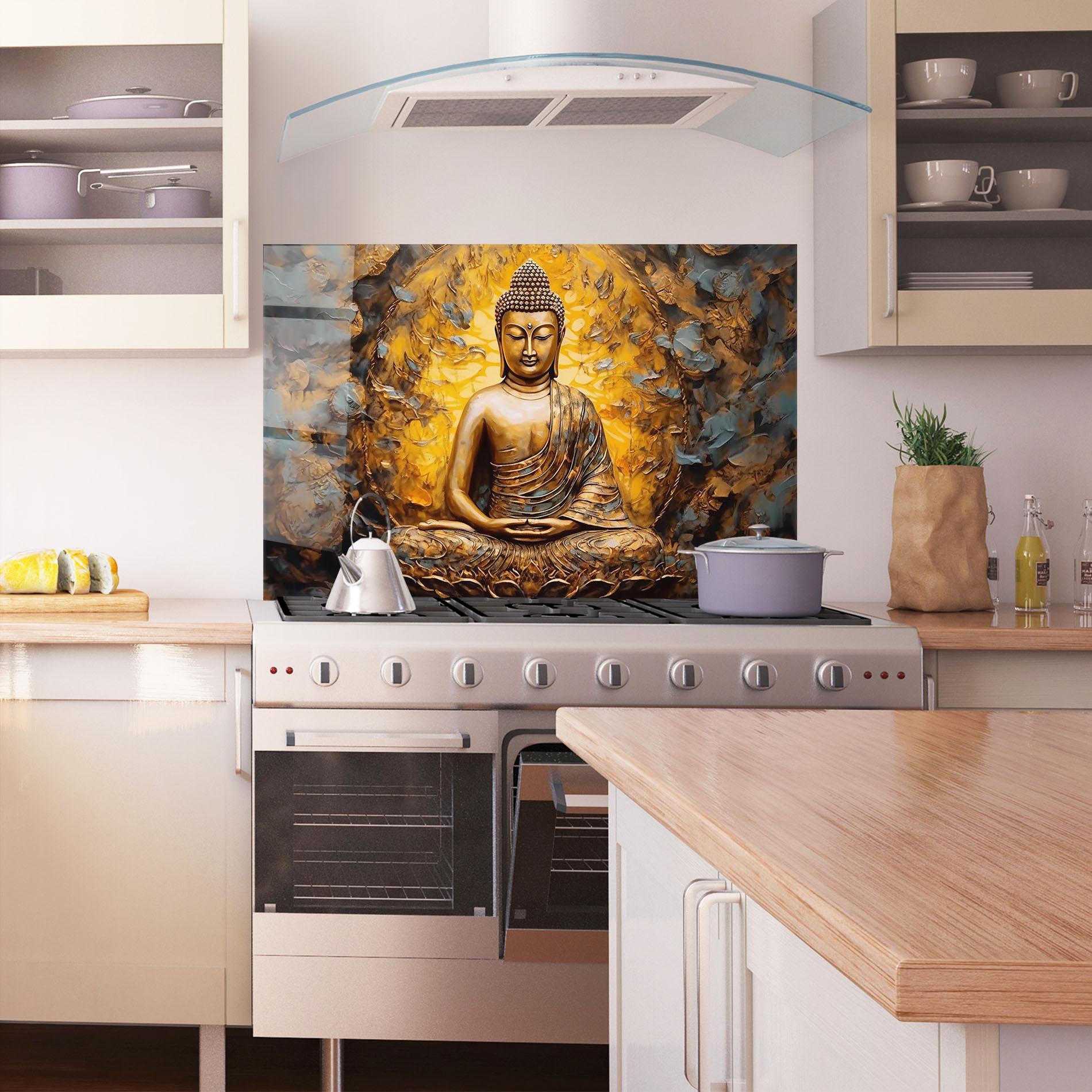 Panou Sticla Bucatarie Gold Grey Buddha mockup 1