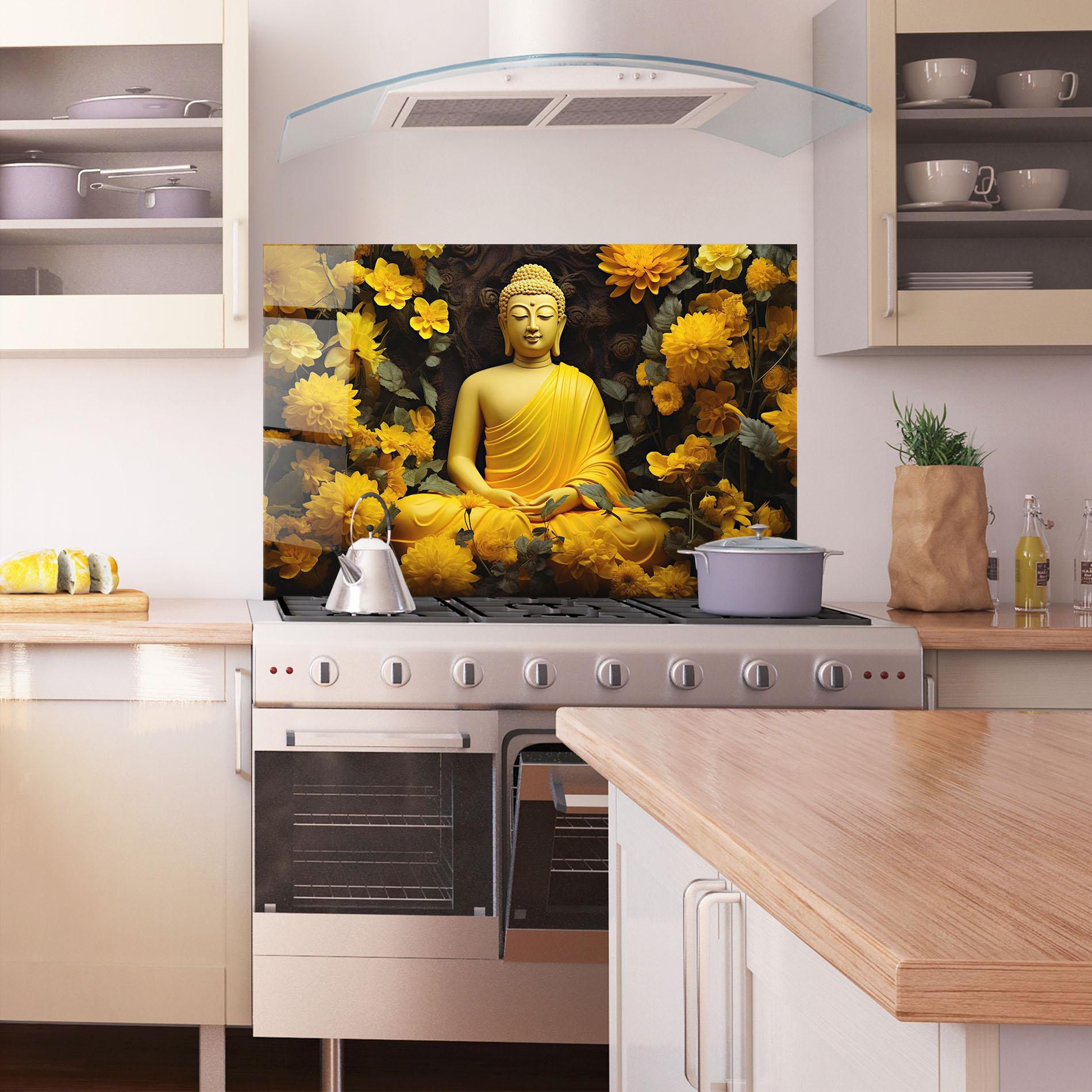 Panou Sticla Bucatarie Light Yellow Buddha mockup 1