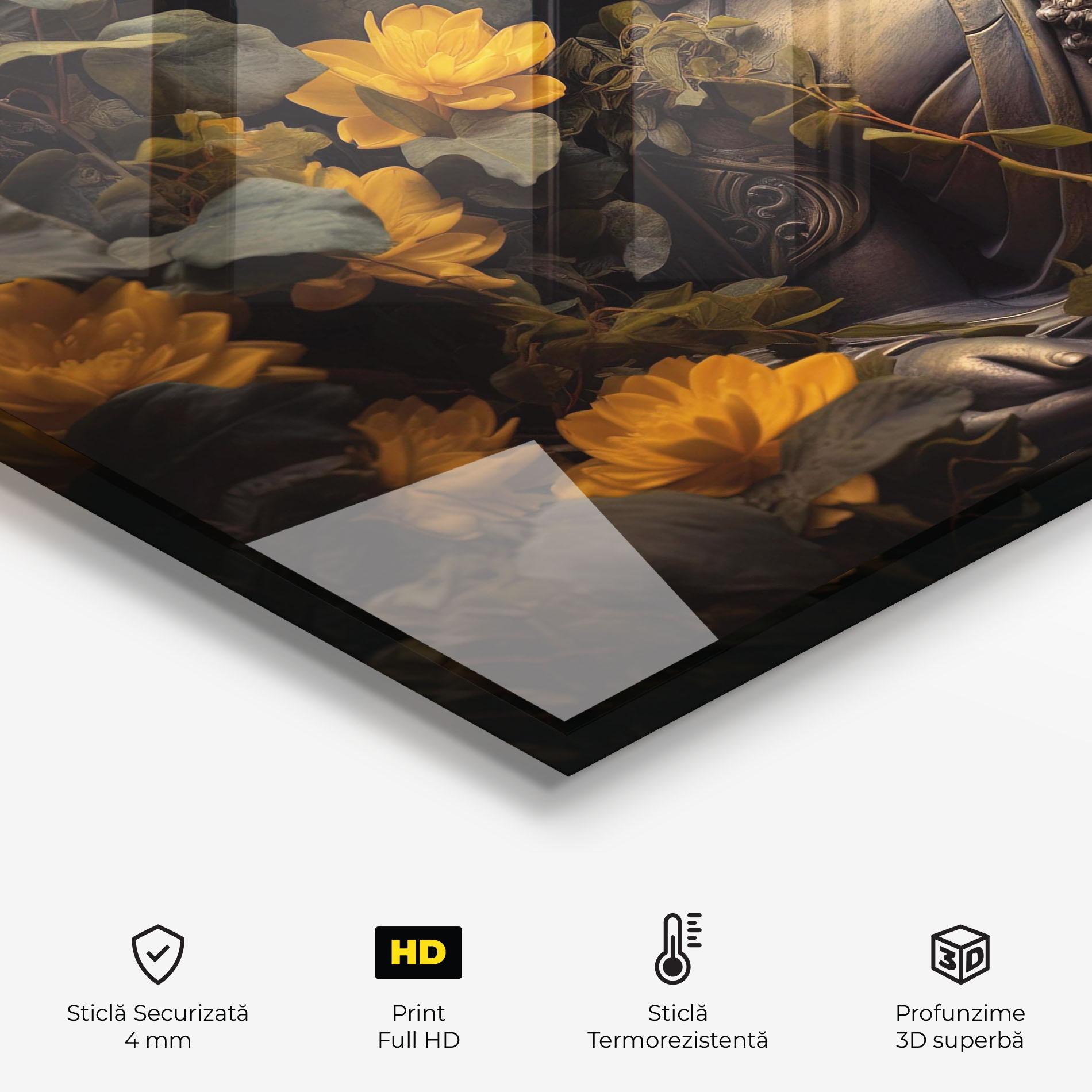 Panou Sticla Bucatarie Buddha Yellow Meditation mockup 2
