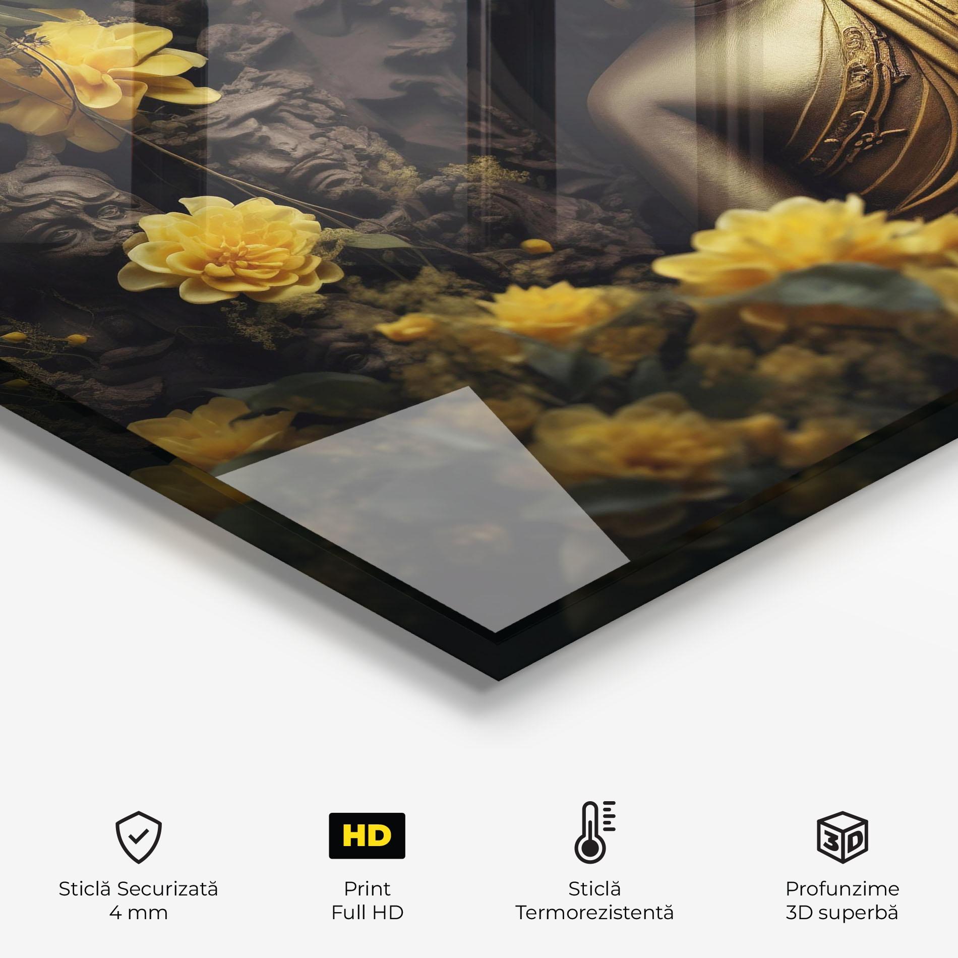 Panou Sticla Bucatarie Gold Buddha Flowers mockup 2