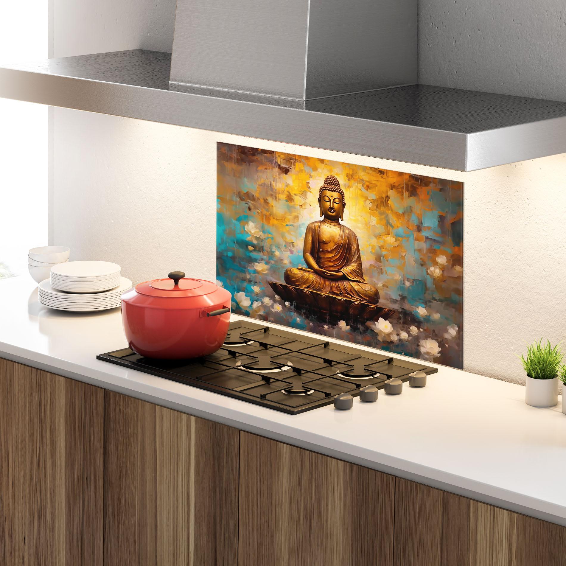 Panou Sticla Bucatarie Blue Gold Buddha mockup 4