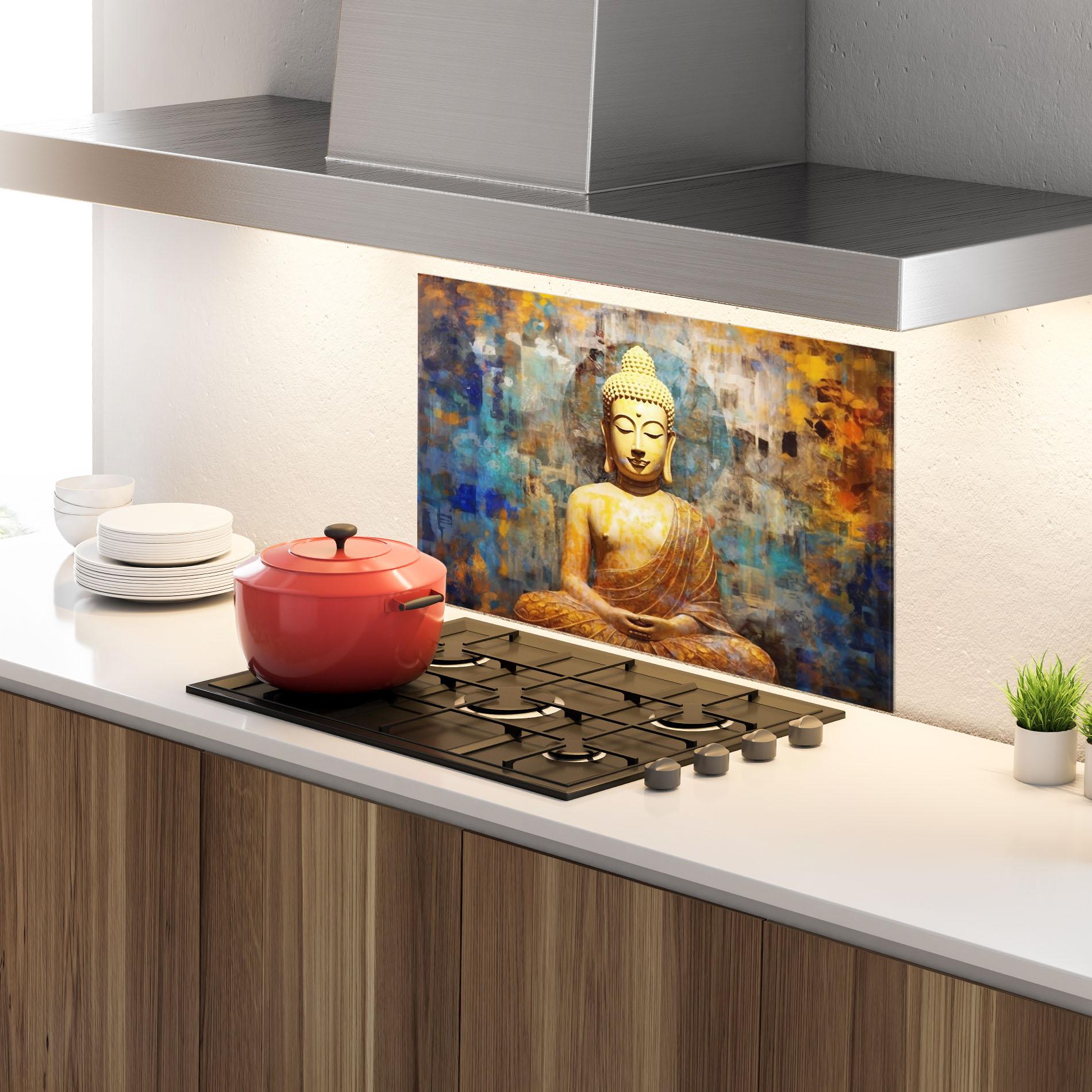 Panou Sticla Bucatarie Buddha Blue Gold mockup 4