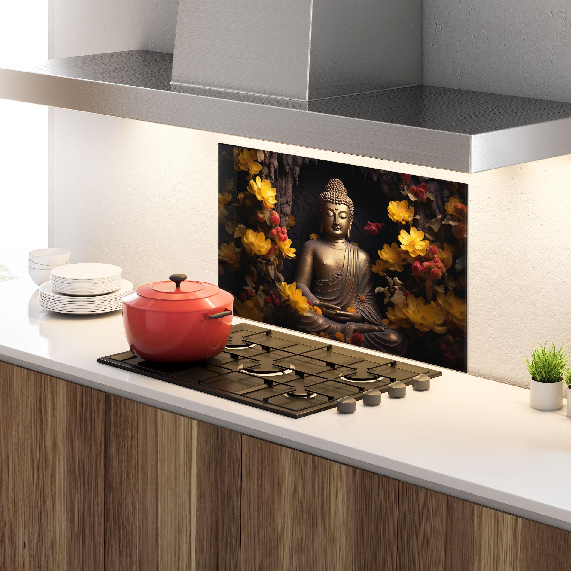Panou Sticla Bucatarie Buddha Yellow Red mockup 4