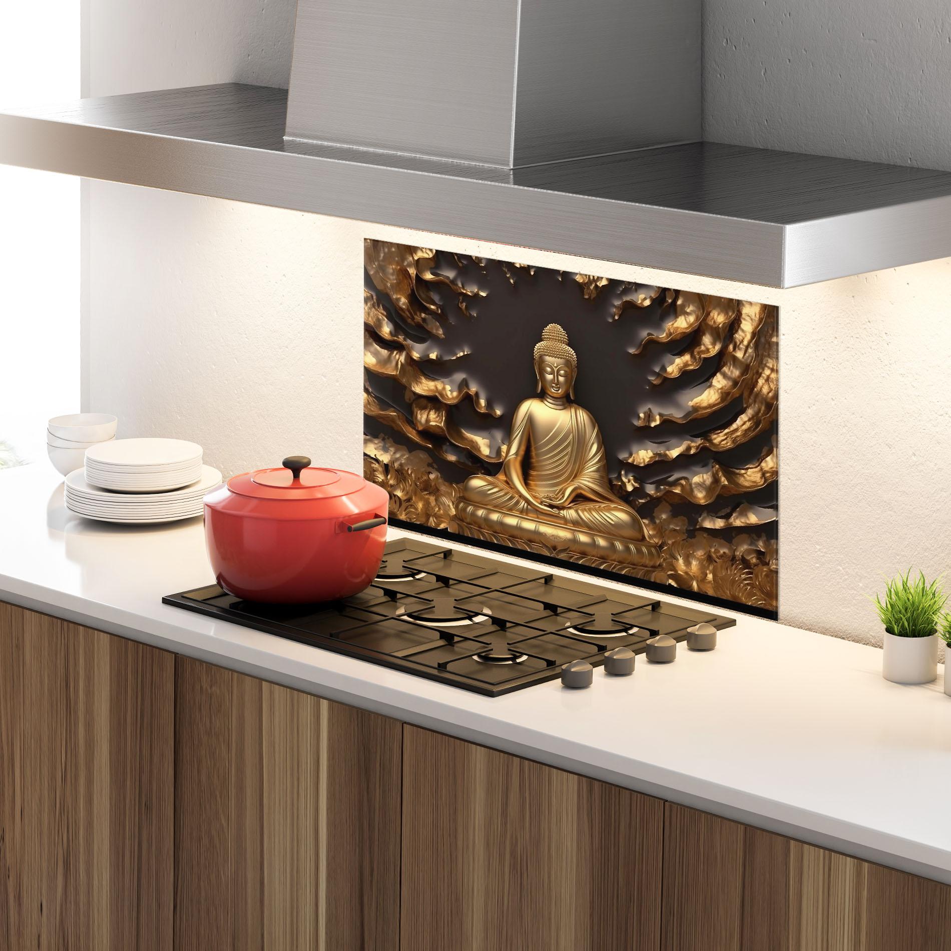 Panou Sticla Bucatarie Gold 3d Buddha mockup 4