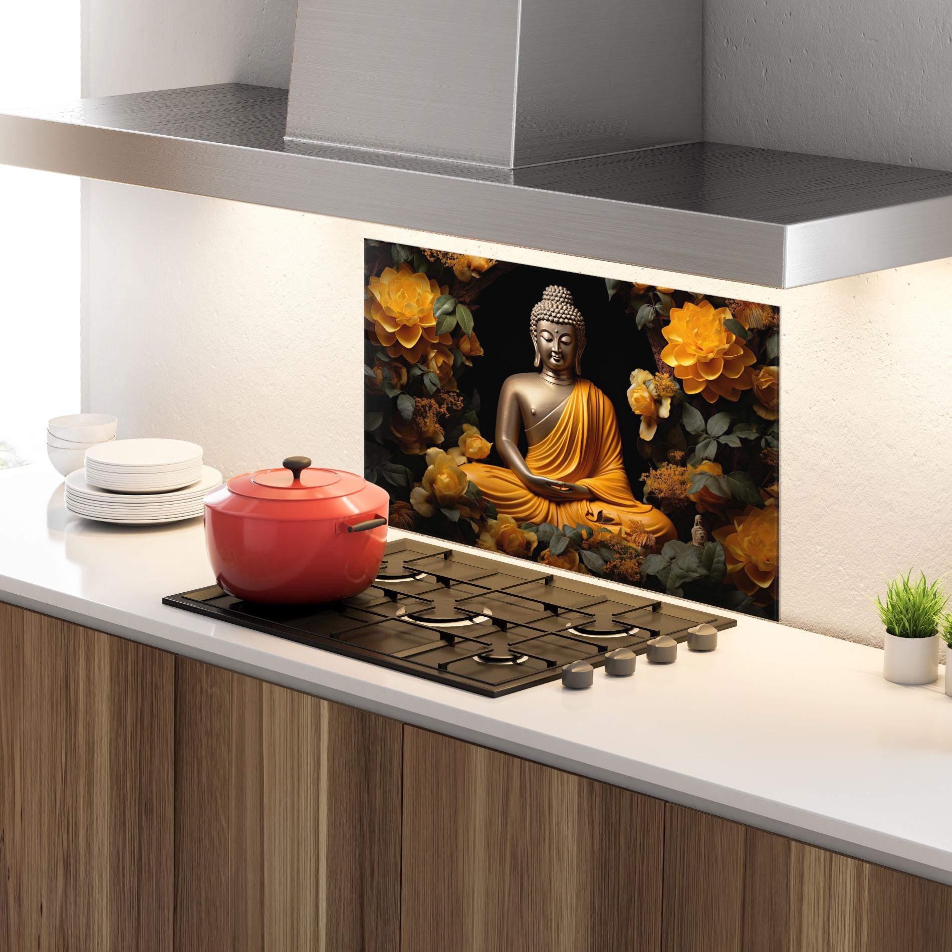 Panou Sticla Bucatarie Gold Buddha Flower mockup 4