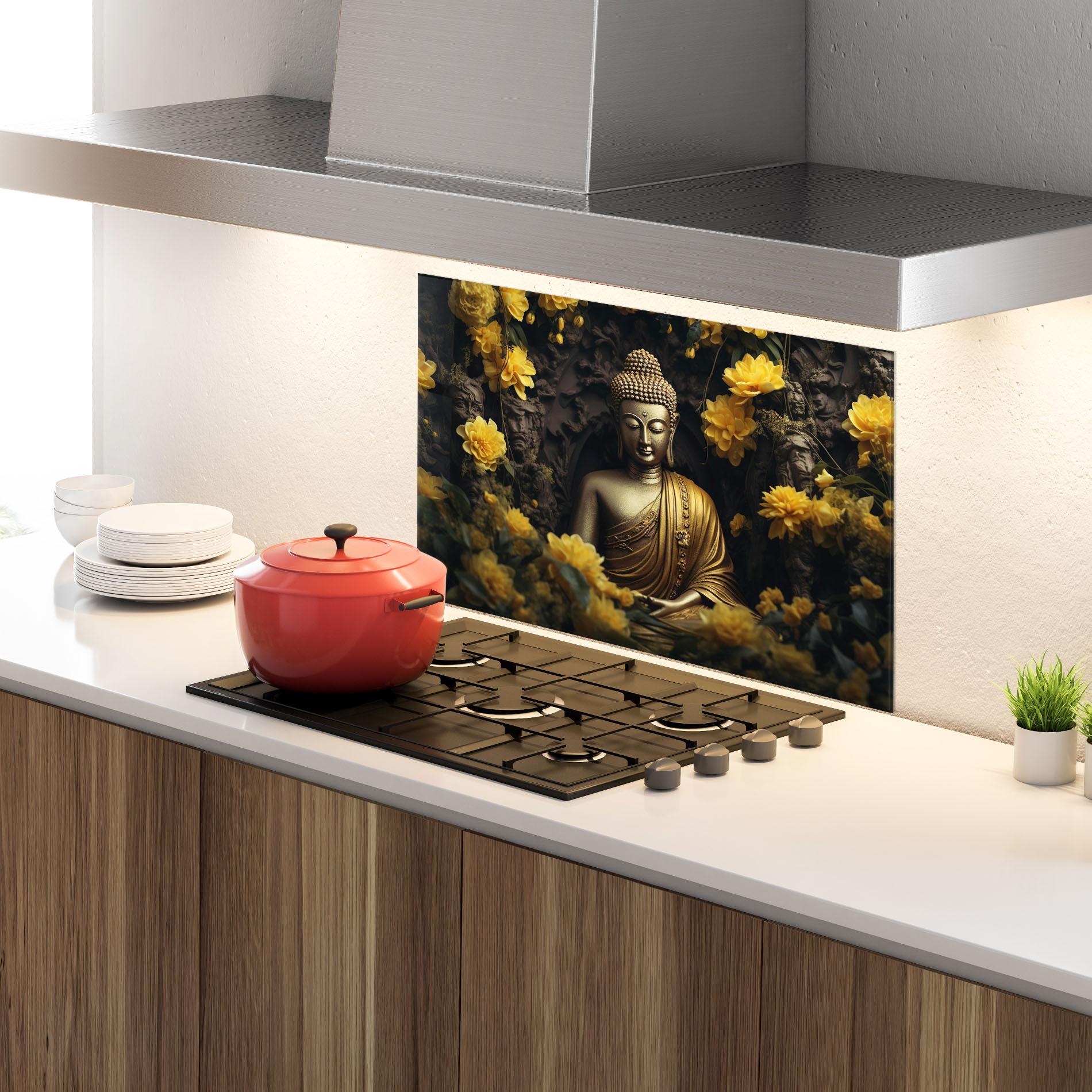 Panou Sticla Bucatarie Gold Buddha Flowers mockup 4