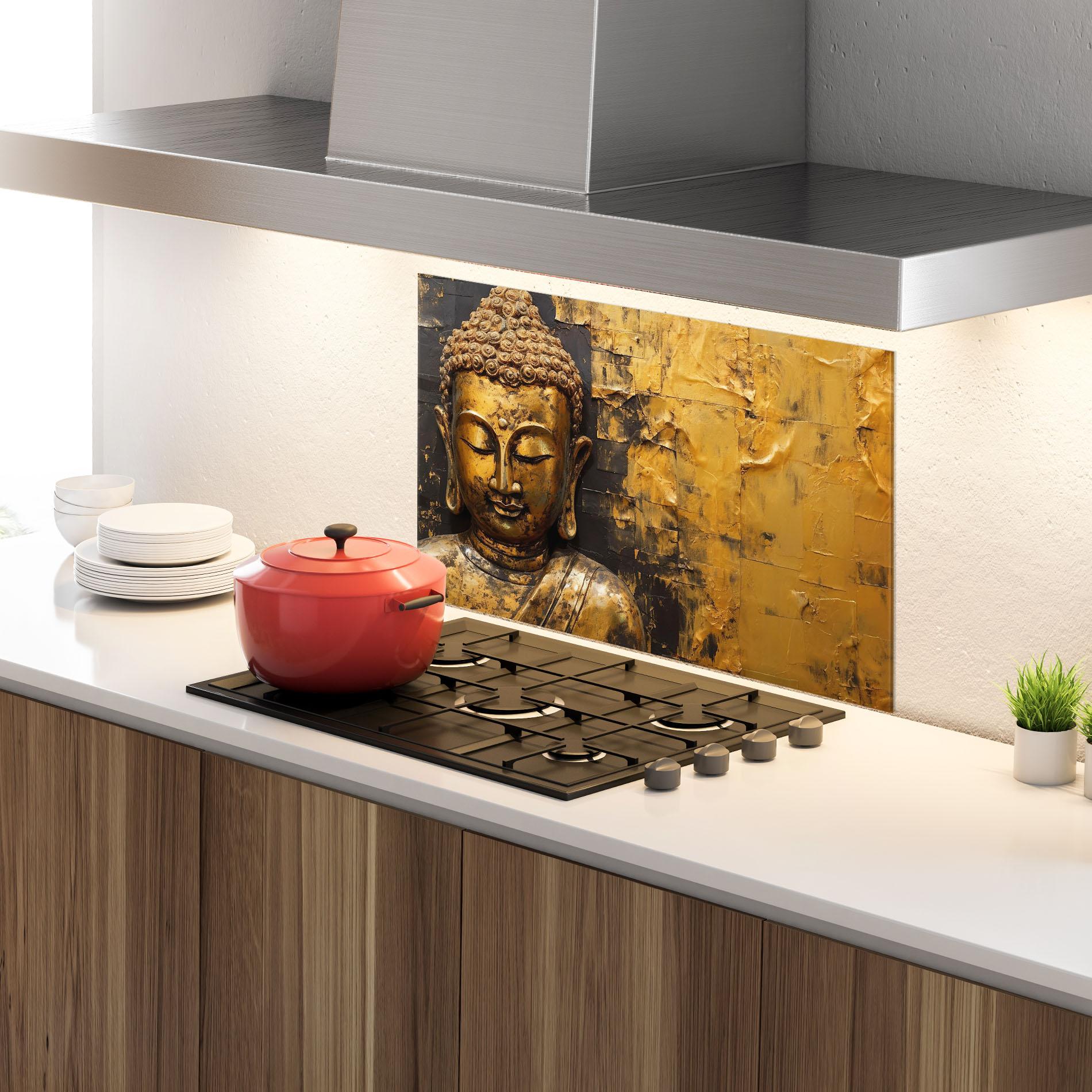 Panou Sticla Bucatarie Gold Paint Buddha mockup 4