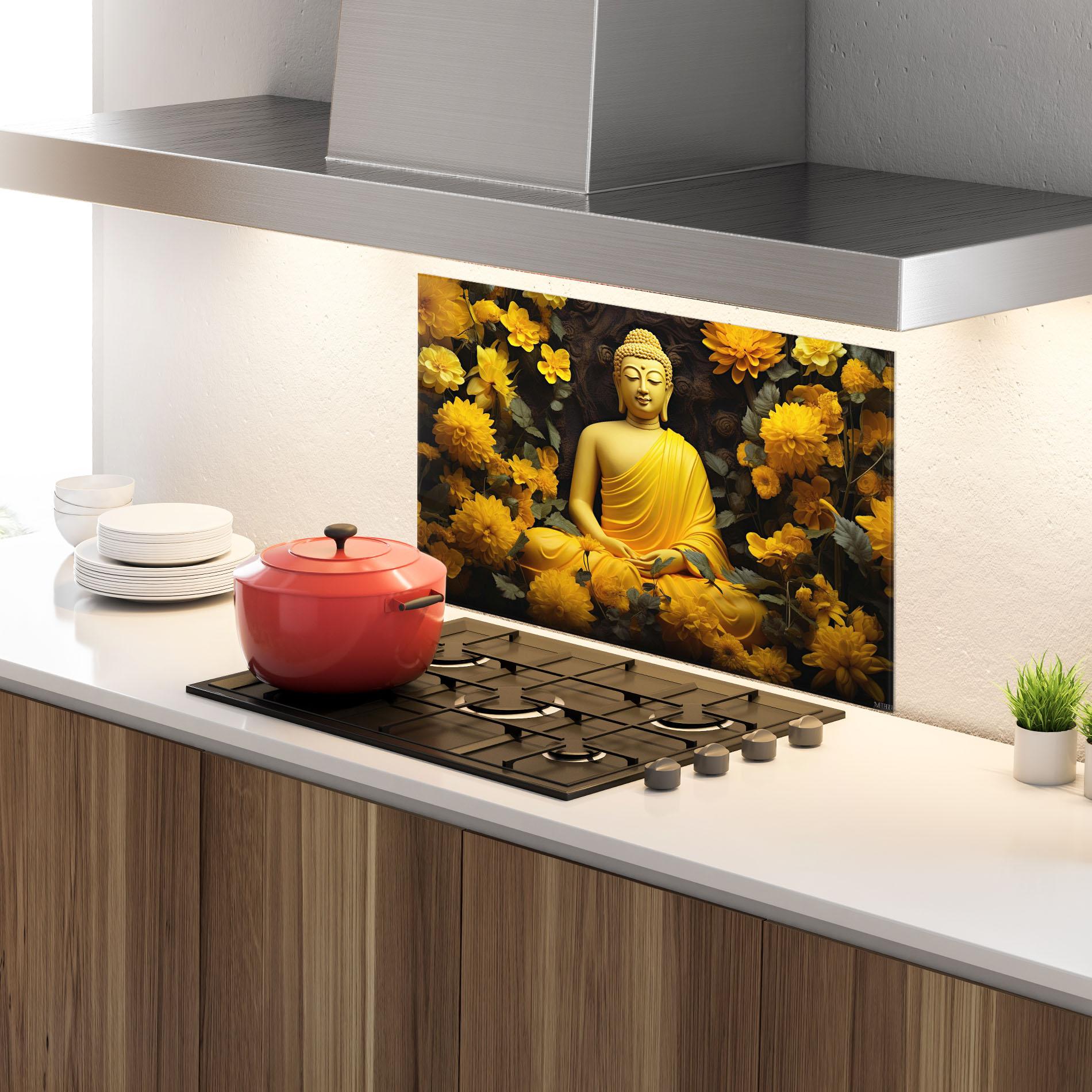 Panou Sticla Bucatarie Light Yellow Buddha mockup 4