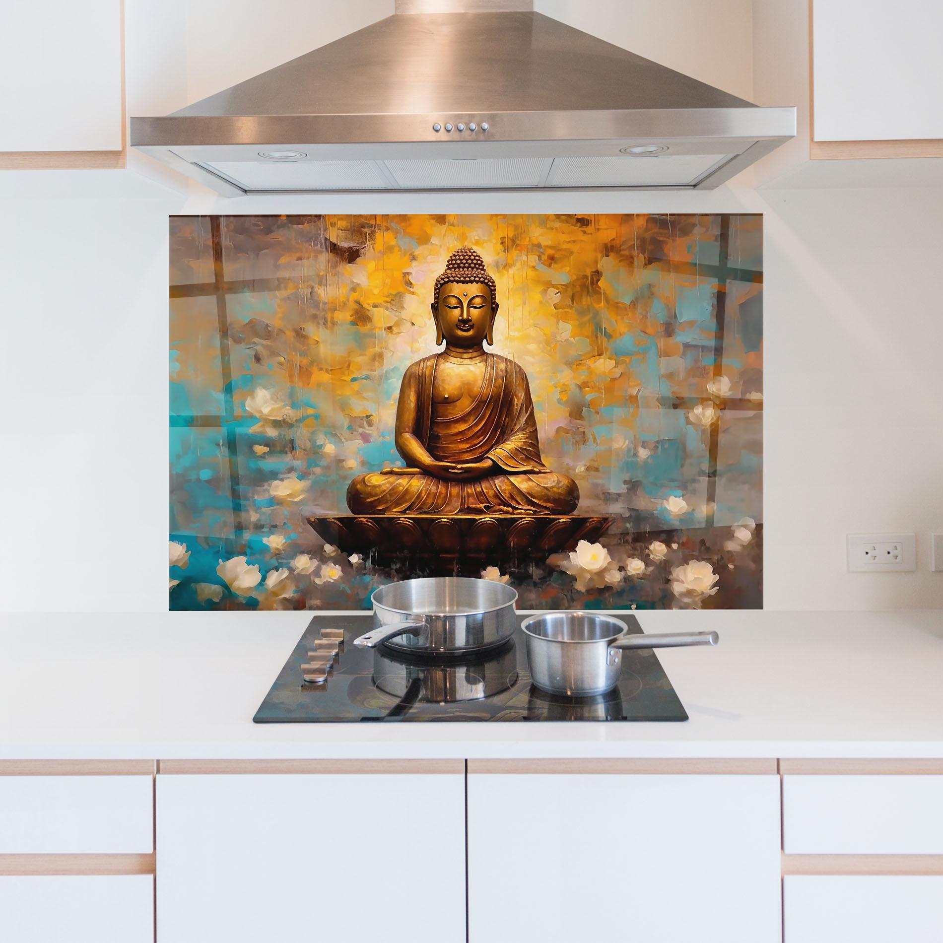 Panou Sticla Bucatarie Blue Gold Buddha mockup 5