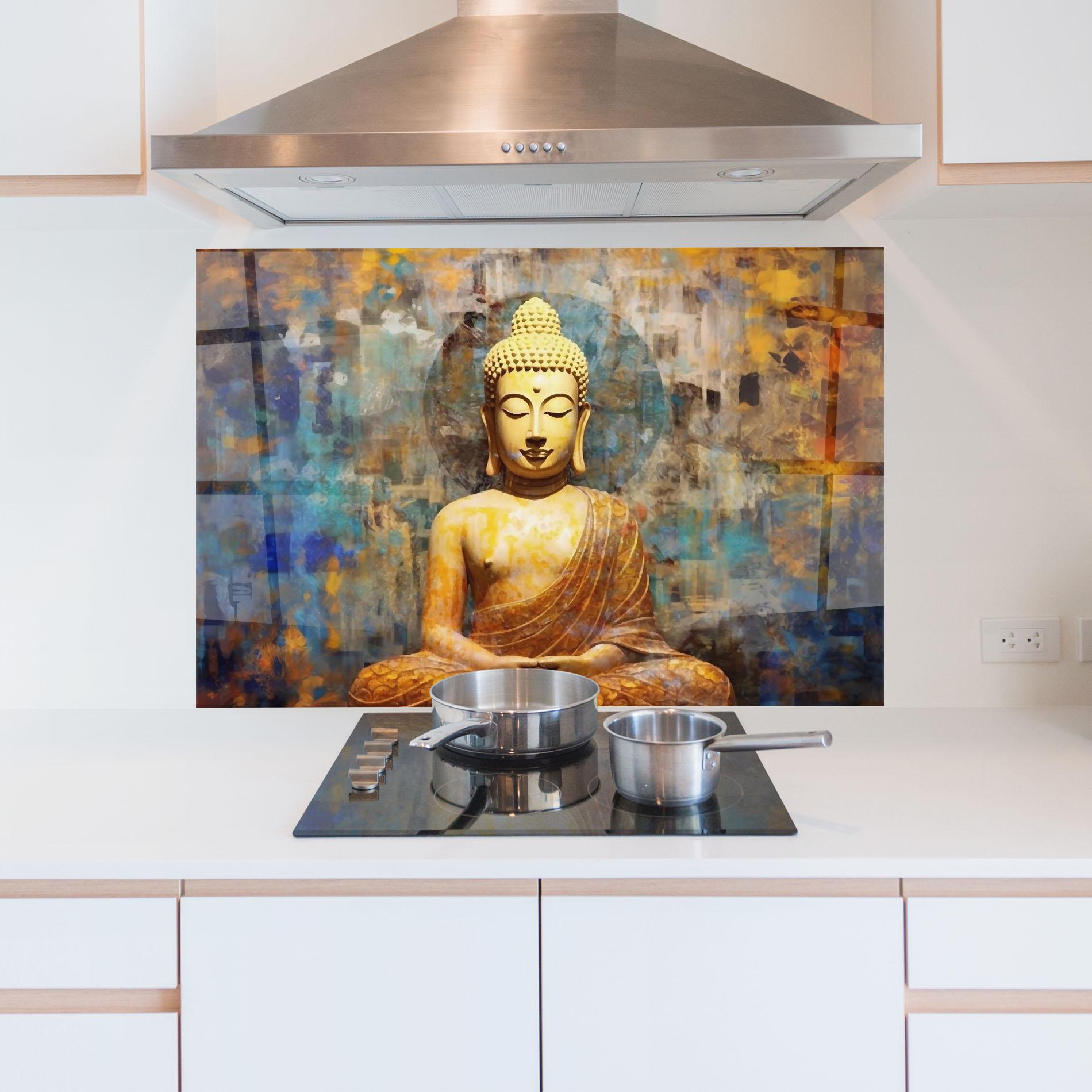Panou Sticla Bucatarie Buddha Blue Gold mockup 5