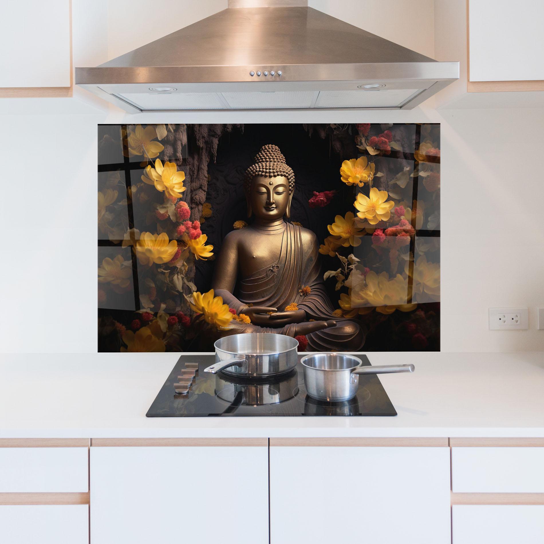 Panou Sticla Bucatarie Buddha Yellow Red mockup 5