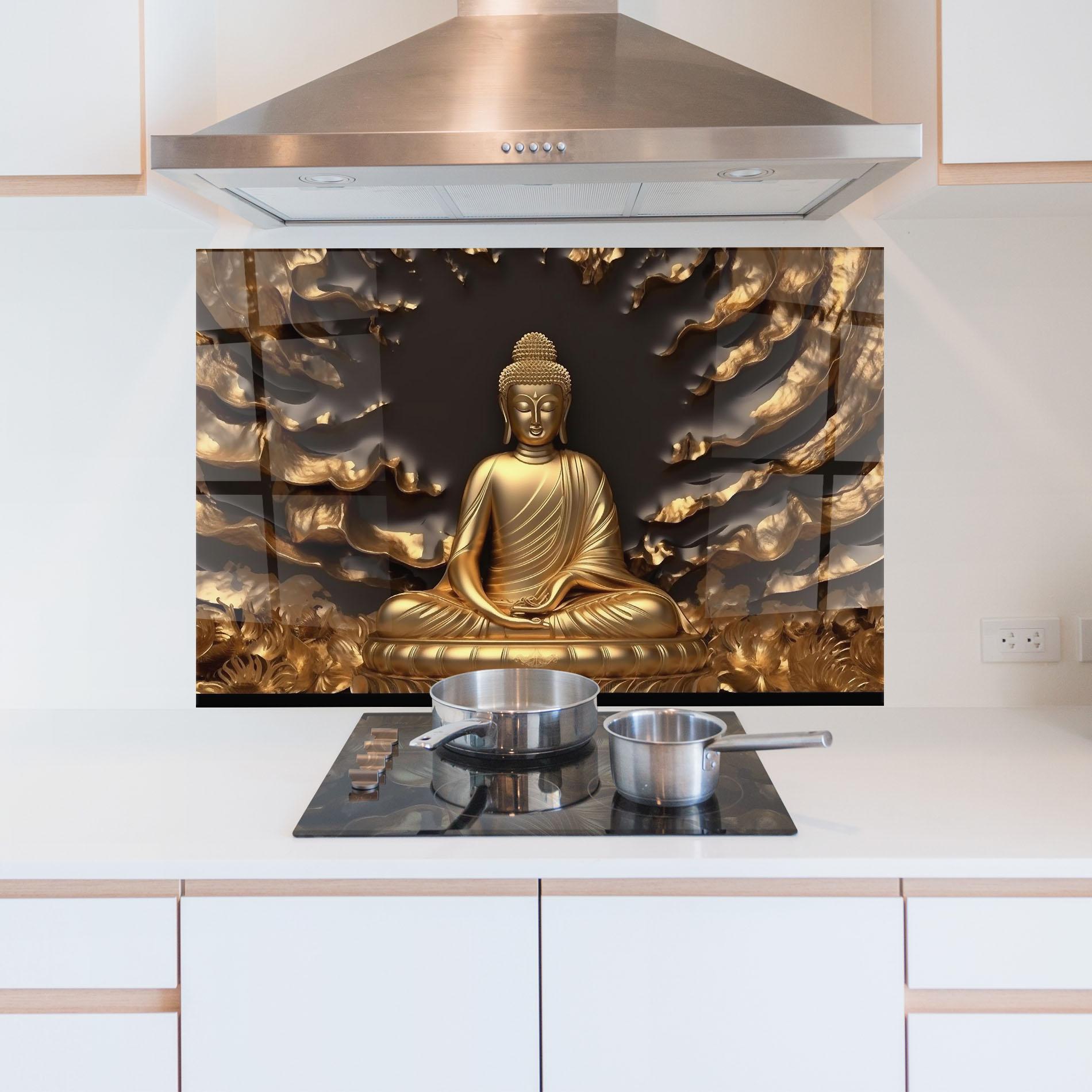 Panou Sticla Bucatarie Gold 3d Buddha mockup 5