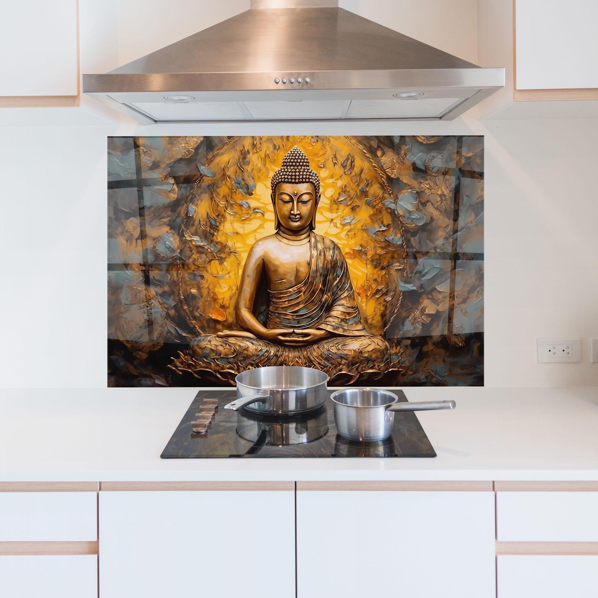 Panou Sticla Bucatarie Gold Grey Buddha mockup 5