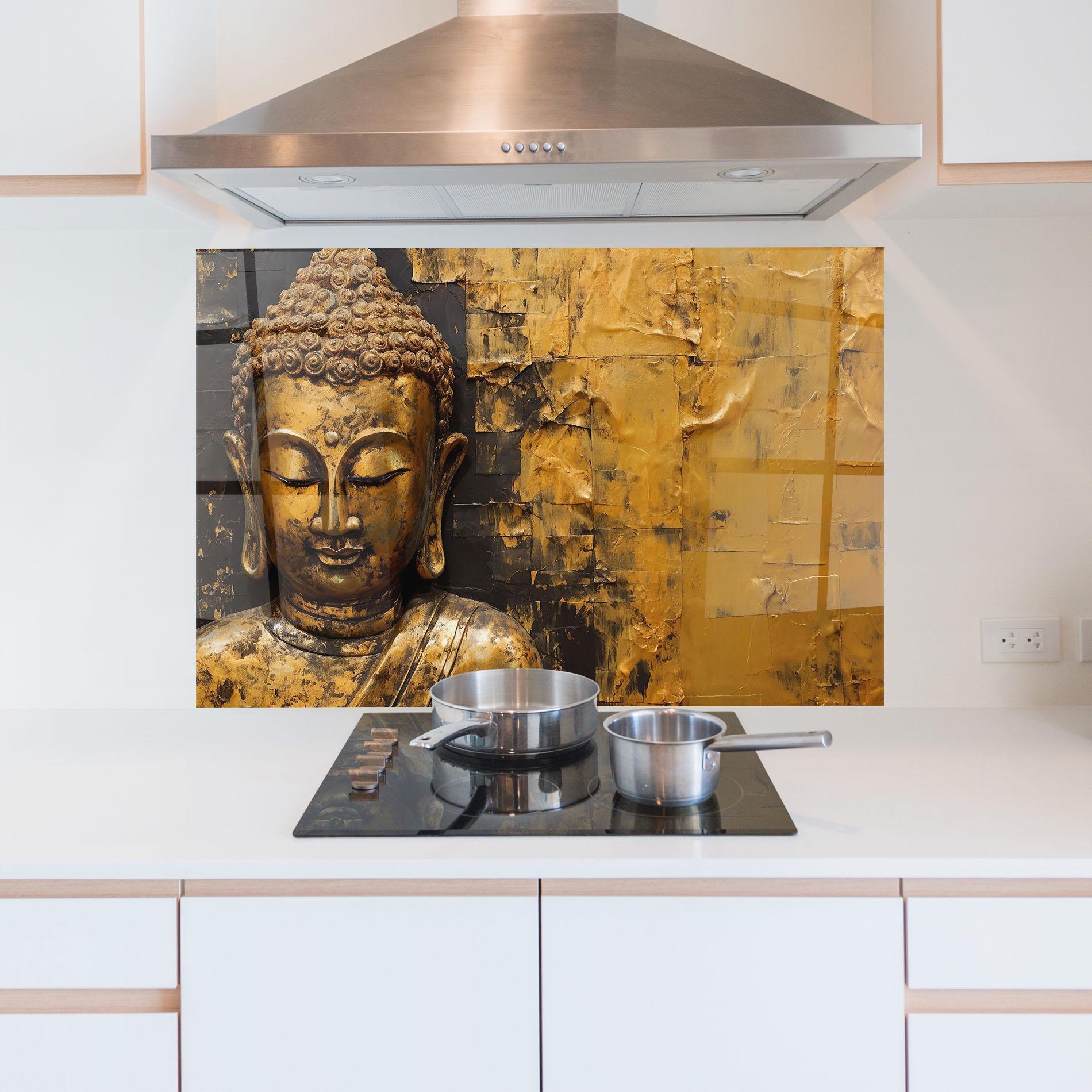 Panou Sticla Bucatarie Gold Paint Buddha mockup 5