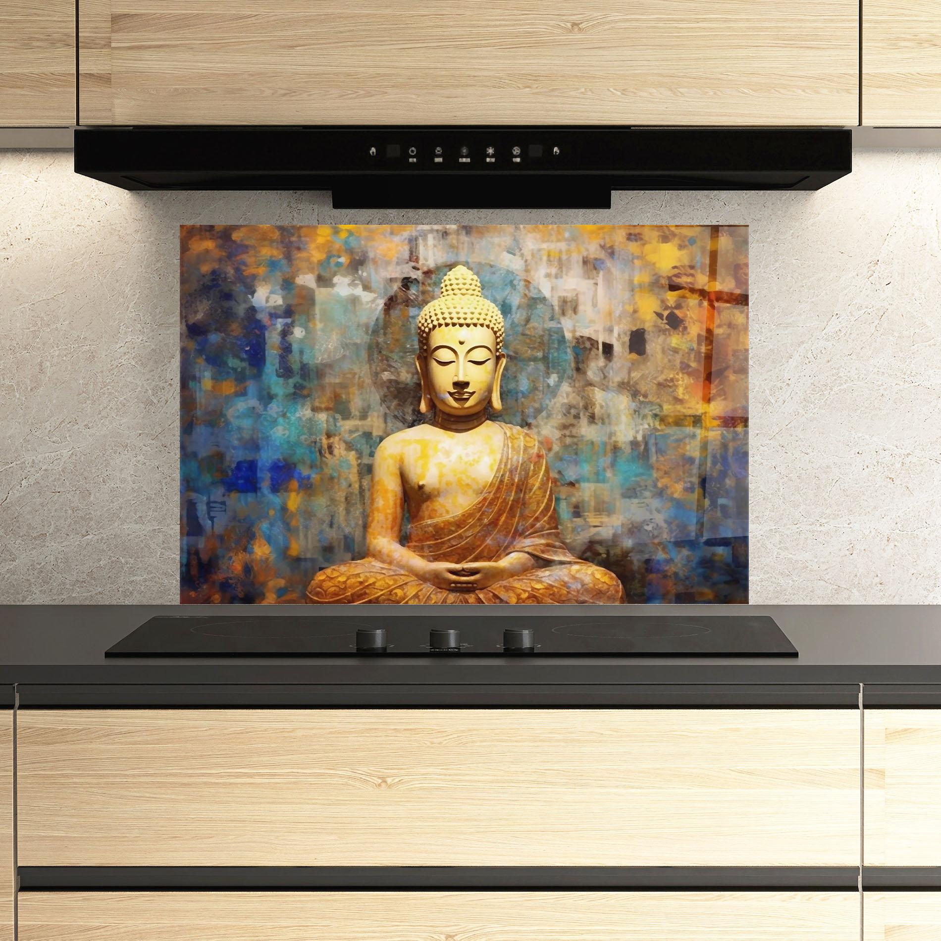 Panou Sticla Bucatarie Buddha Blue Gold mockup 3