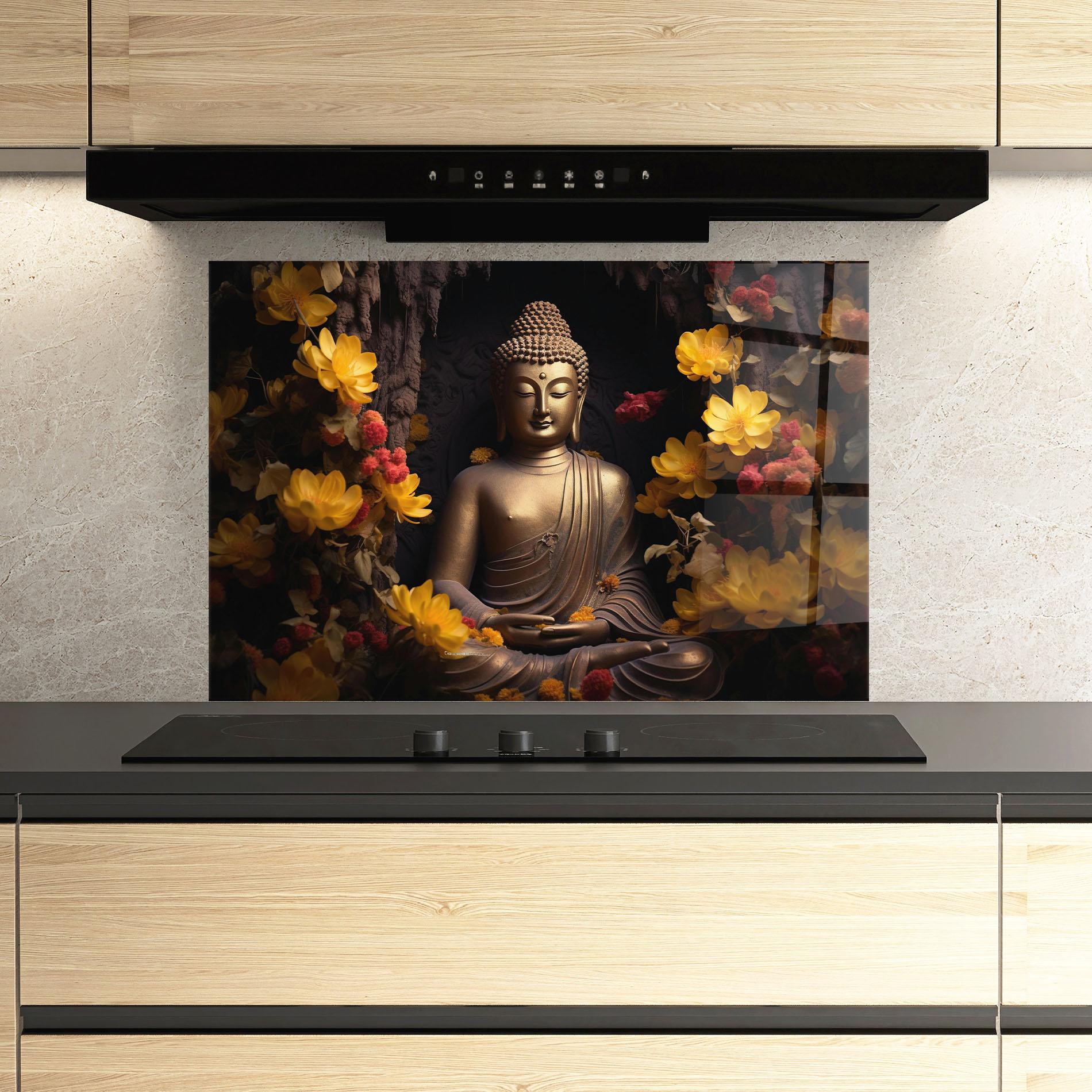 Panou Sticla Bucatarie Buddha Yellow Red mockup 3