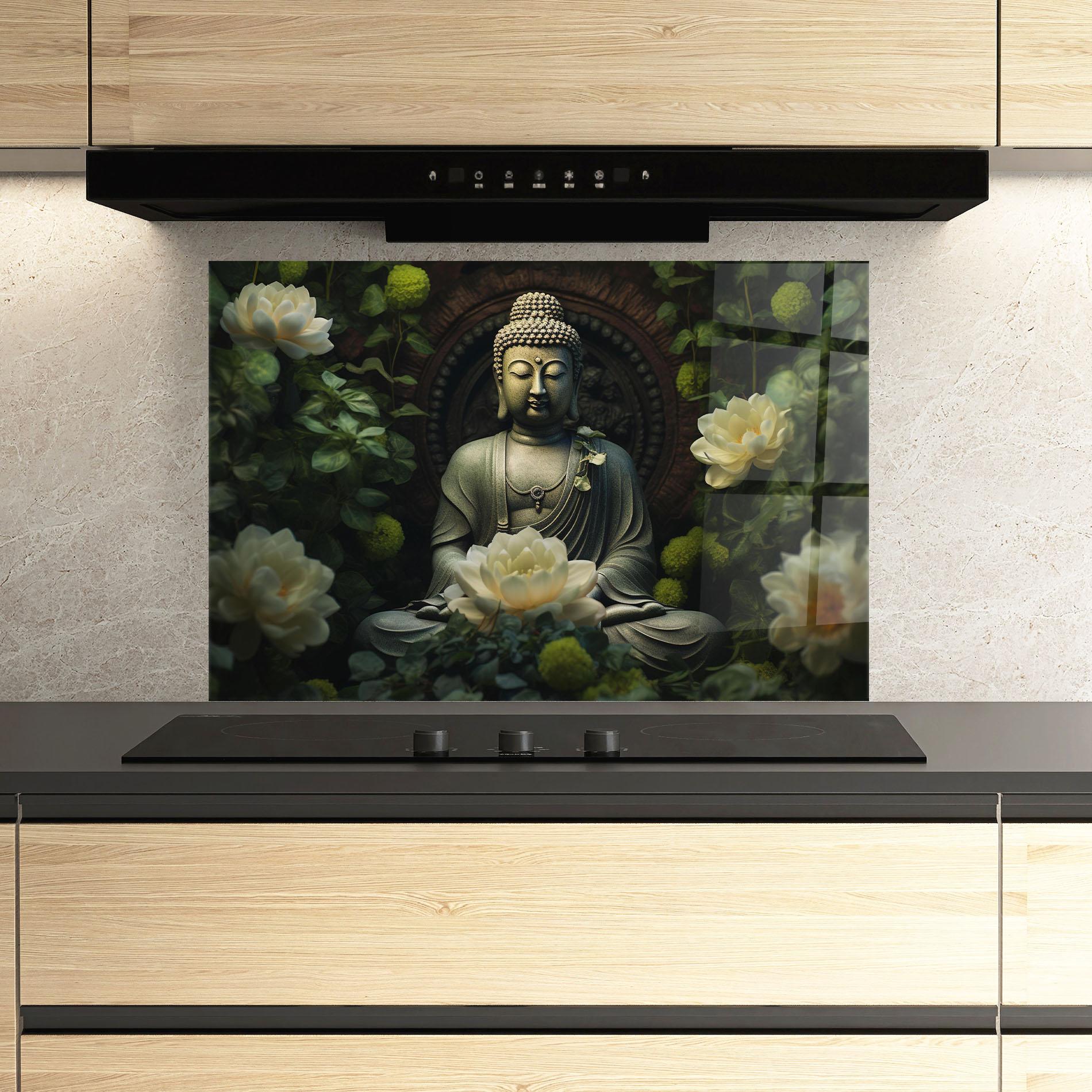 Panou Sticla Bucatarie Cream Flower Buddha mockup 3