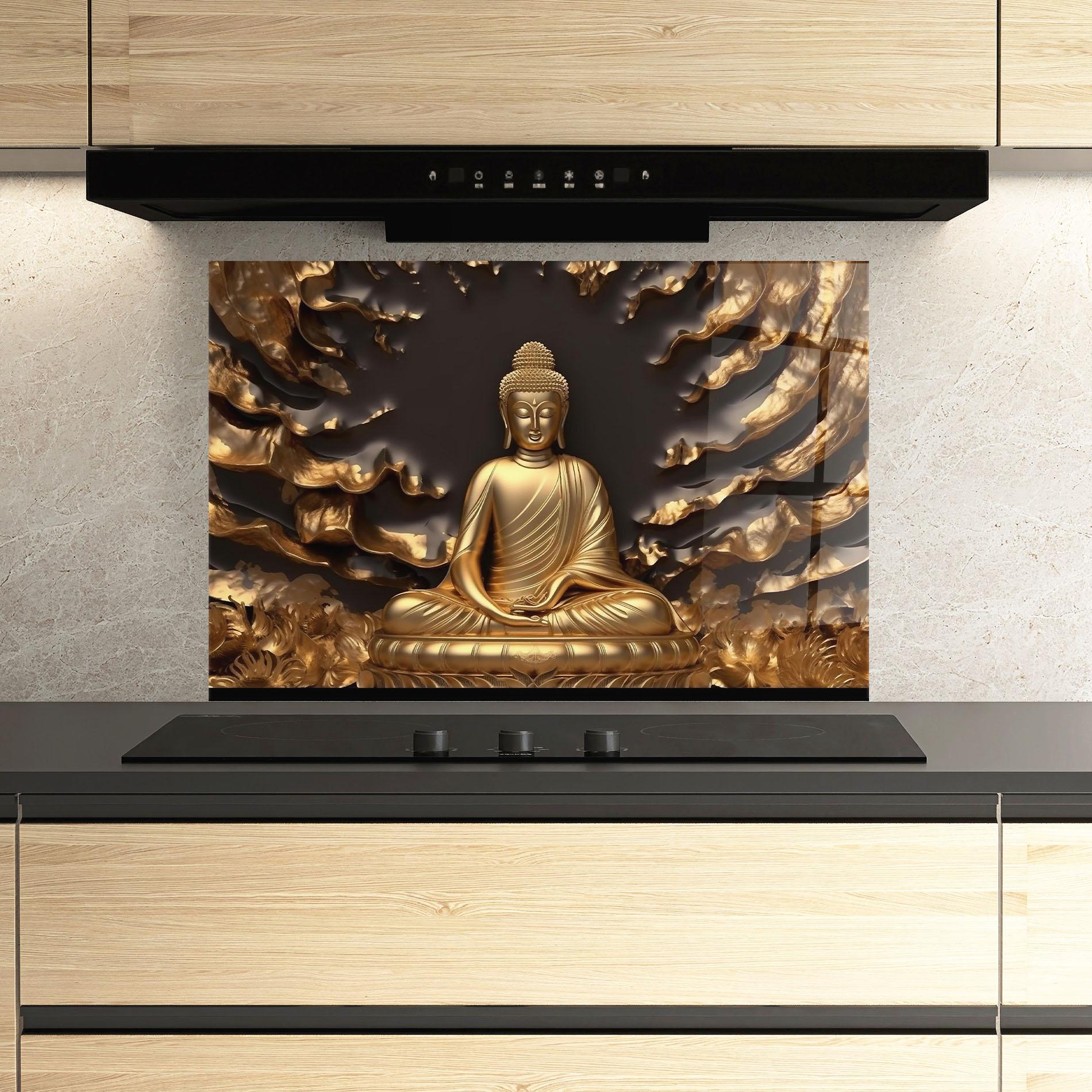 Panou Sticla Bucatarie Gold 3d Buddha mockup 3