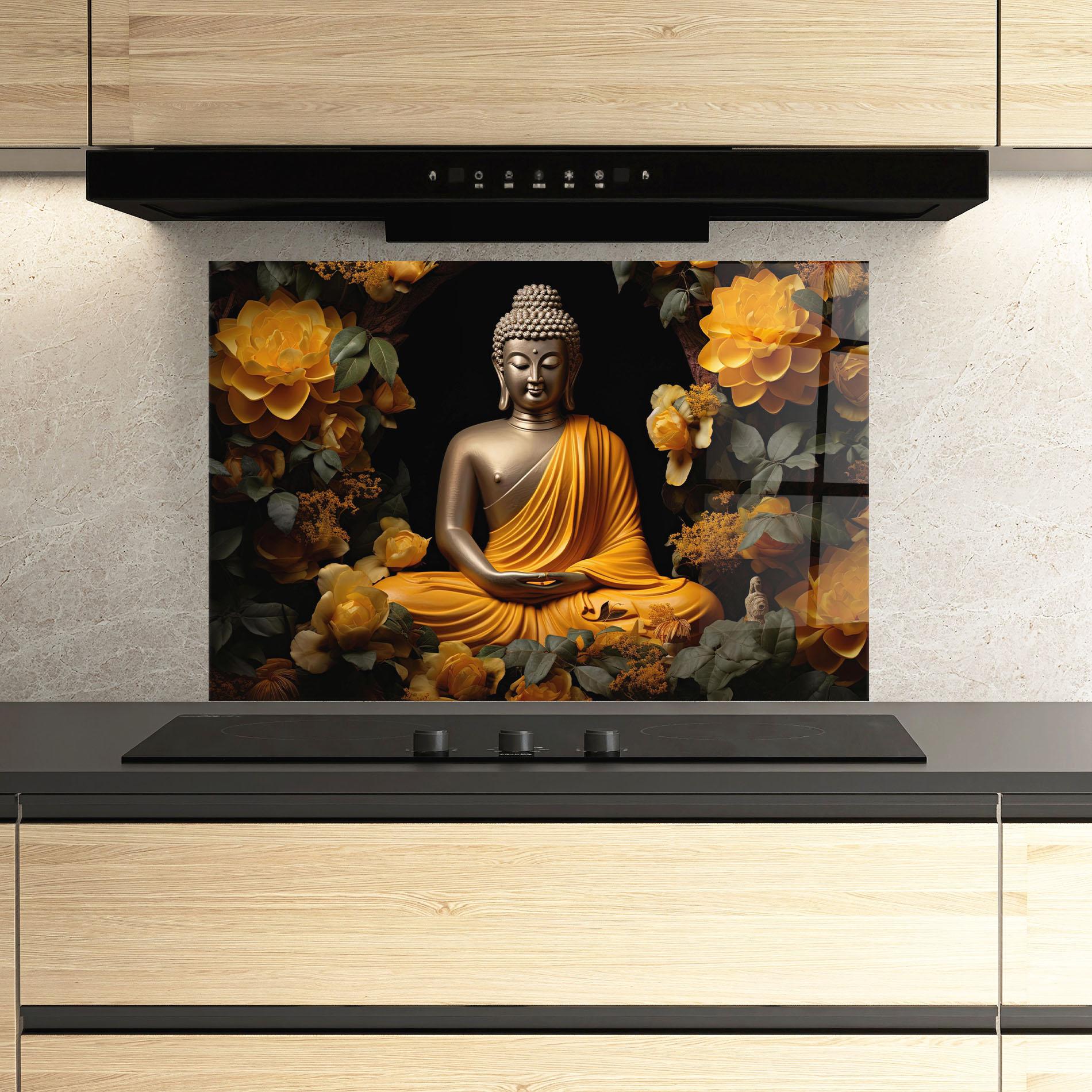Panou Sticla Bucatarie Gold Buddha Flower mockup 3