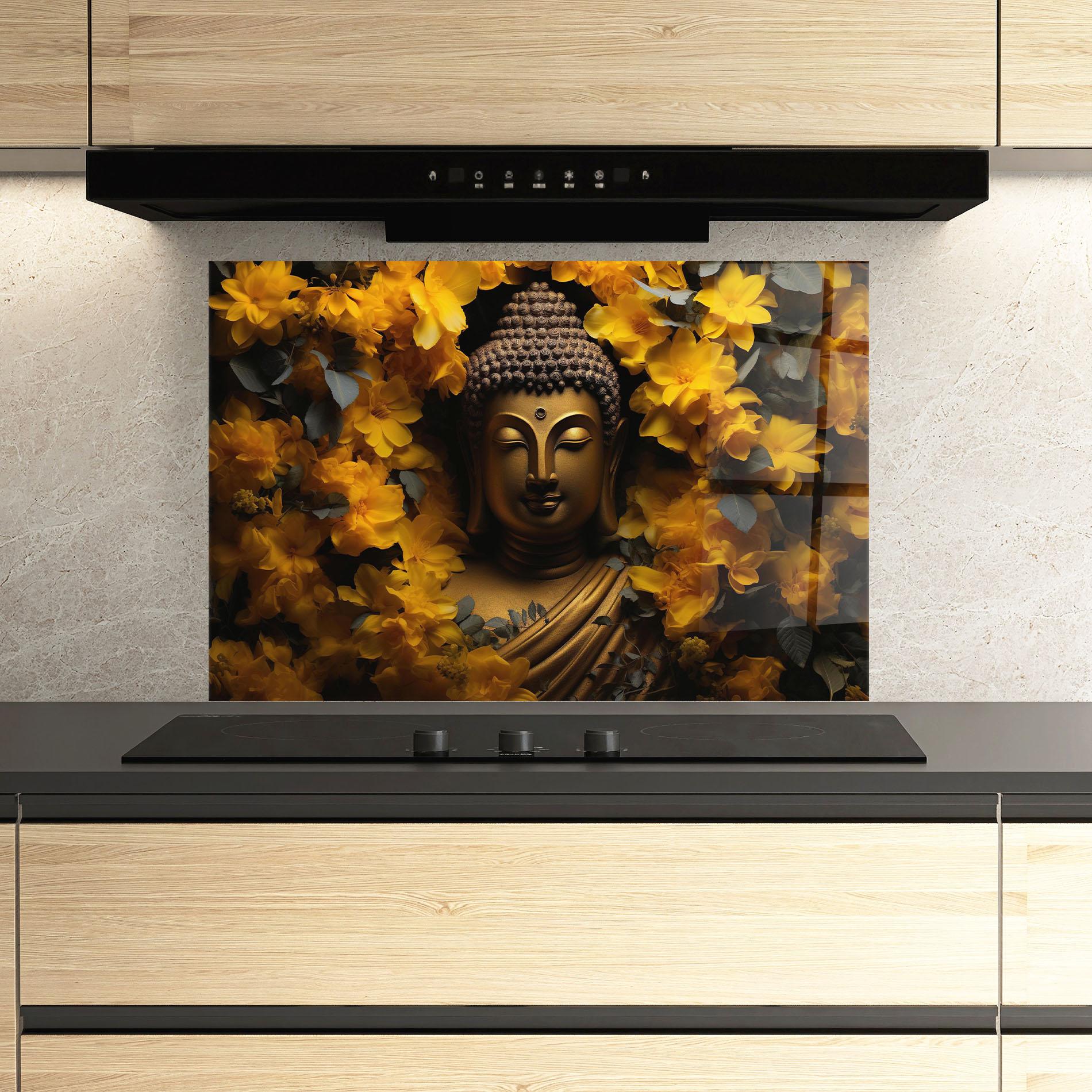 Panou Sticla Bucatarie Gold Buddha Meditation mockup 3