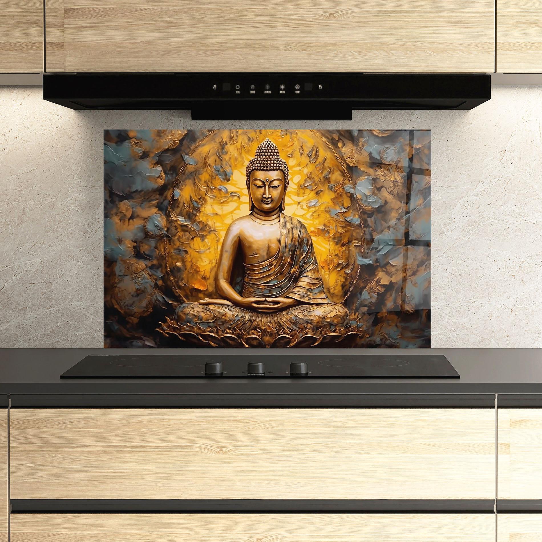 Panou Sticla Bucatarie Gold Grey Buddha mockup 3