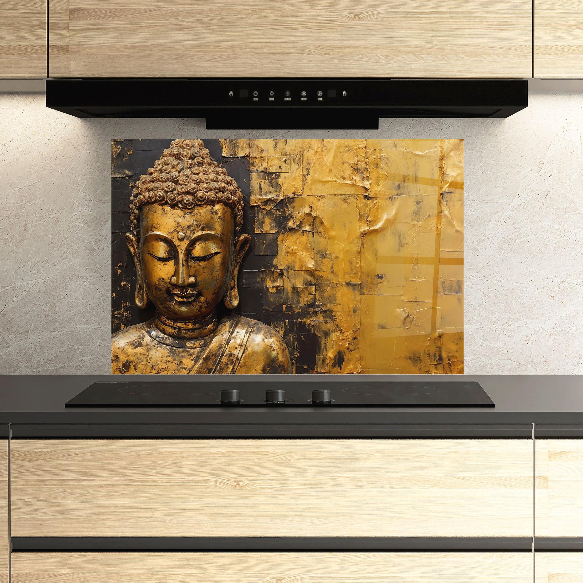 Panou Sticla Bucatarie Gold Paint Buddha mockup 3
