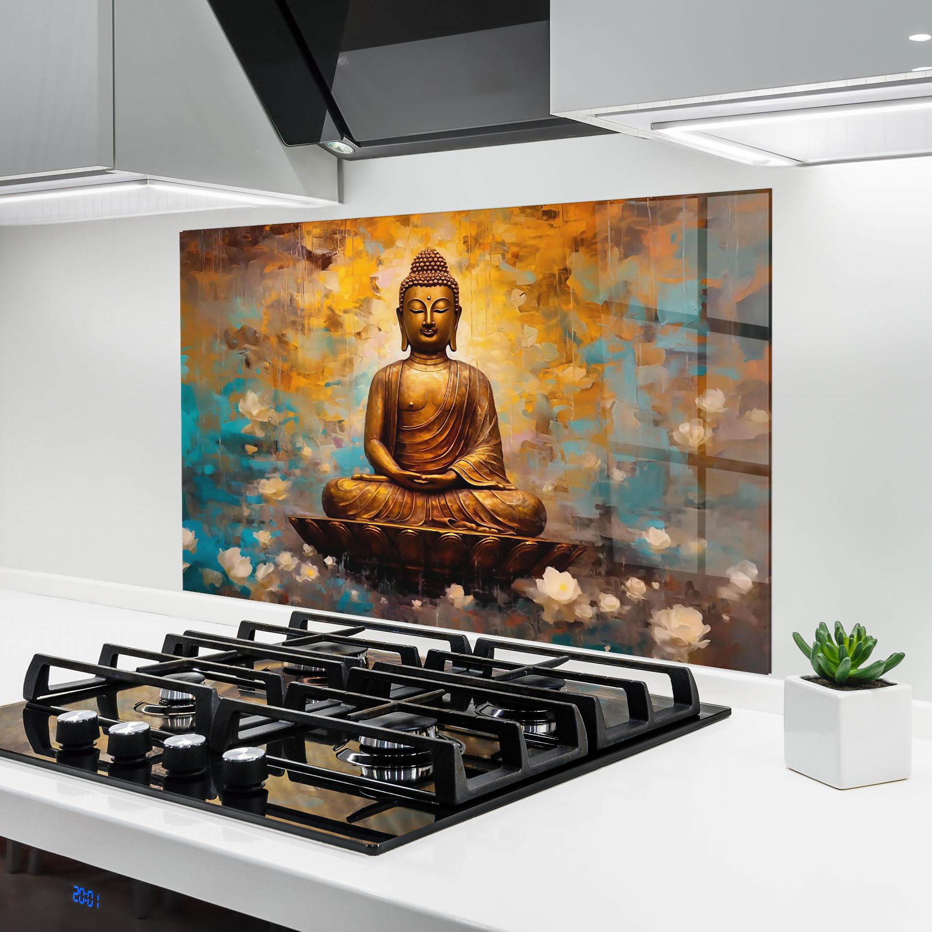 Panou Sticla Bucatarie Blue Gold Buddha mockup 6