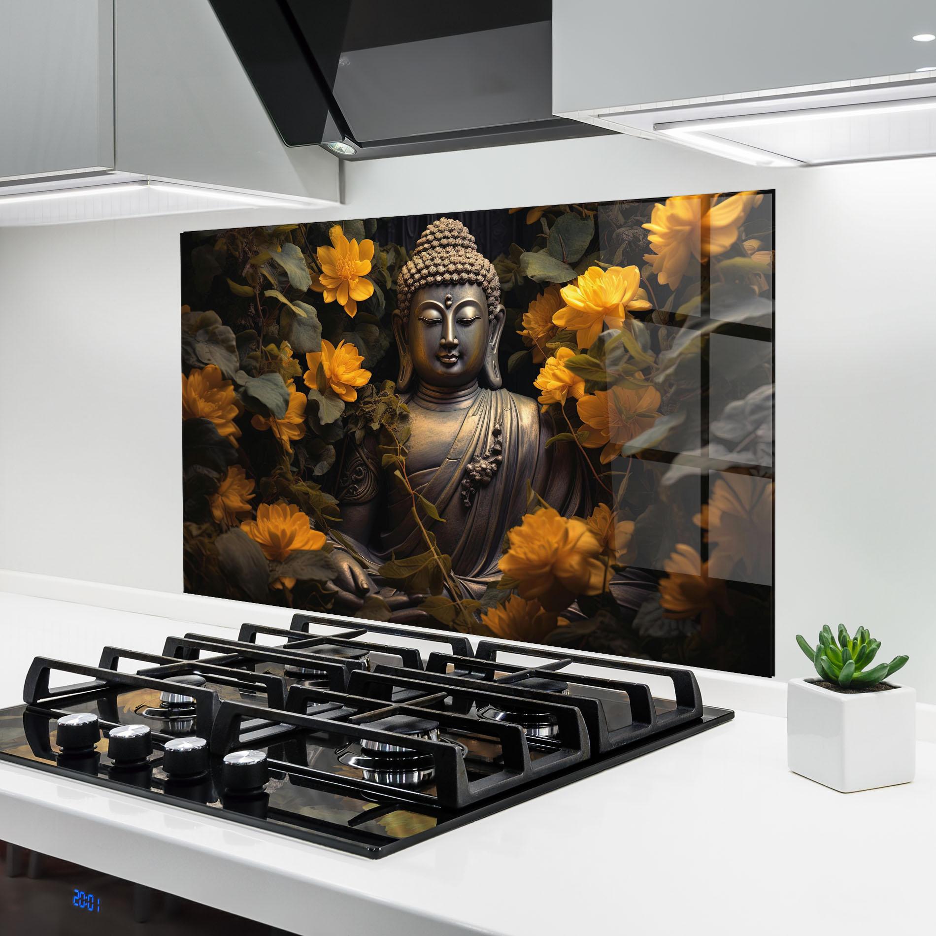 Panou Sticla Bucatarie Buddha Yellow Meditation mockup 6