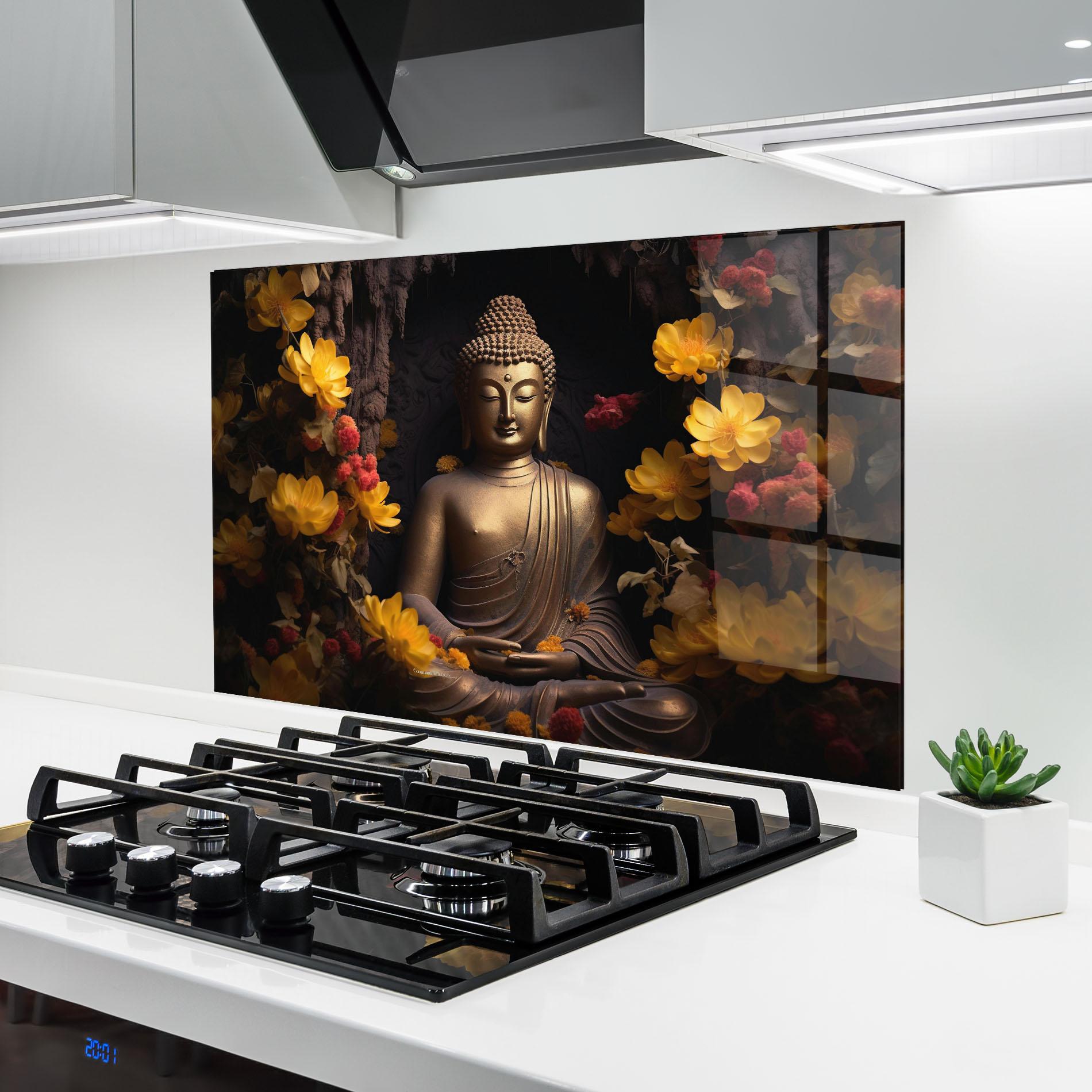 Panou Sticla Bucatarie Buddha Yellow Red mockup 6
