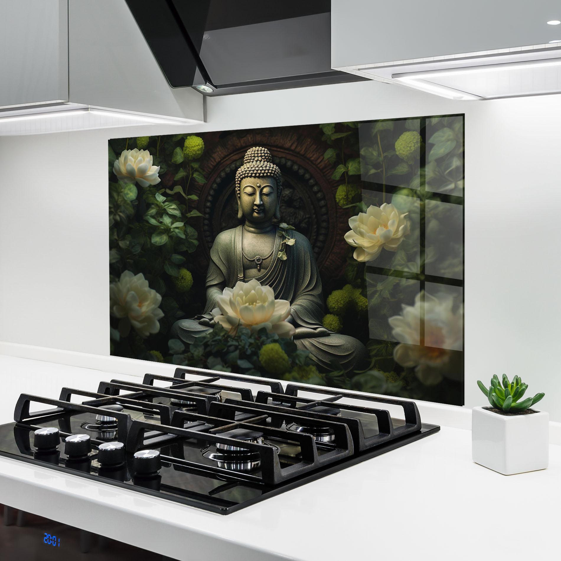 Panou Sticla Bucatarie Cream Flower Buddha mockup 6