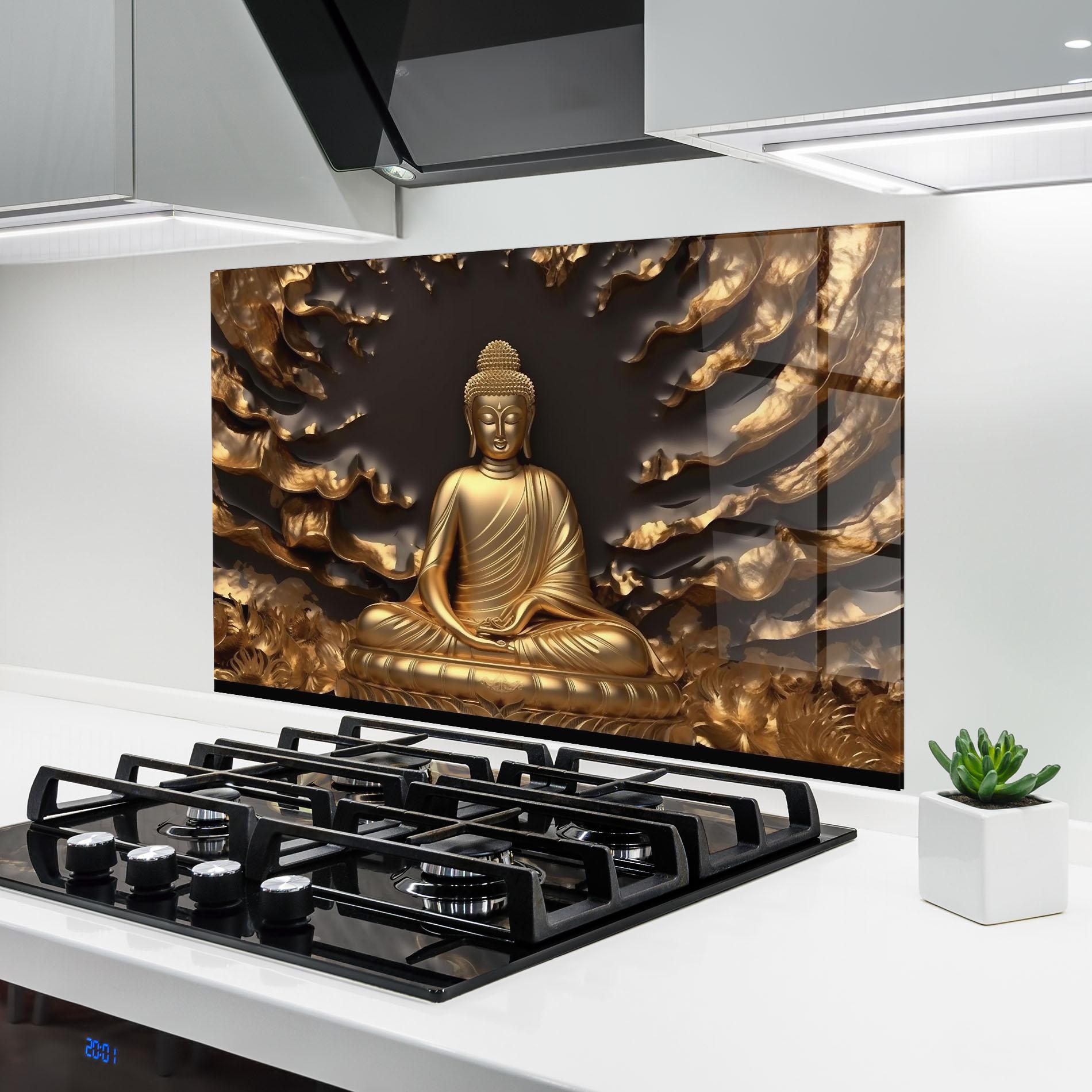 Panou Sticla Bucatarie Gold 3d Buddha mockup 6