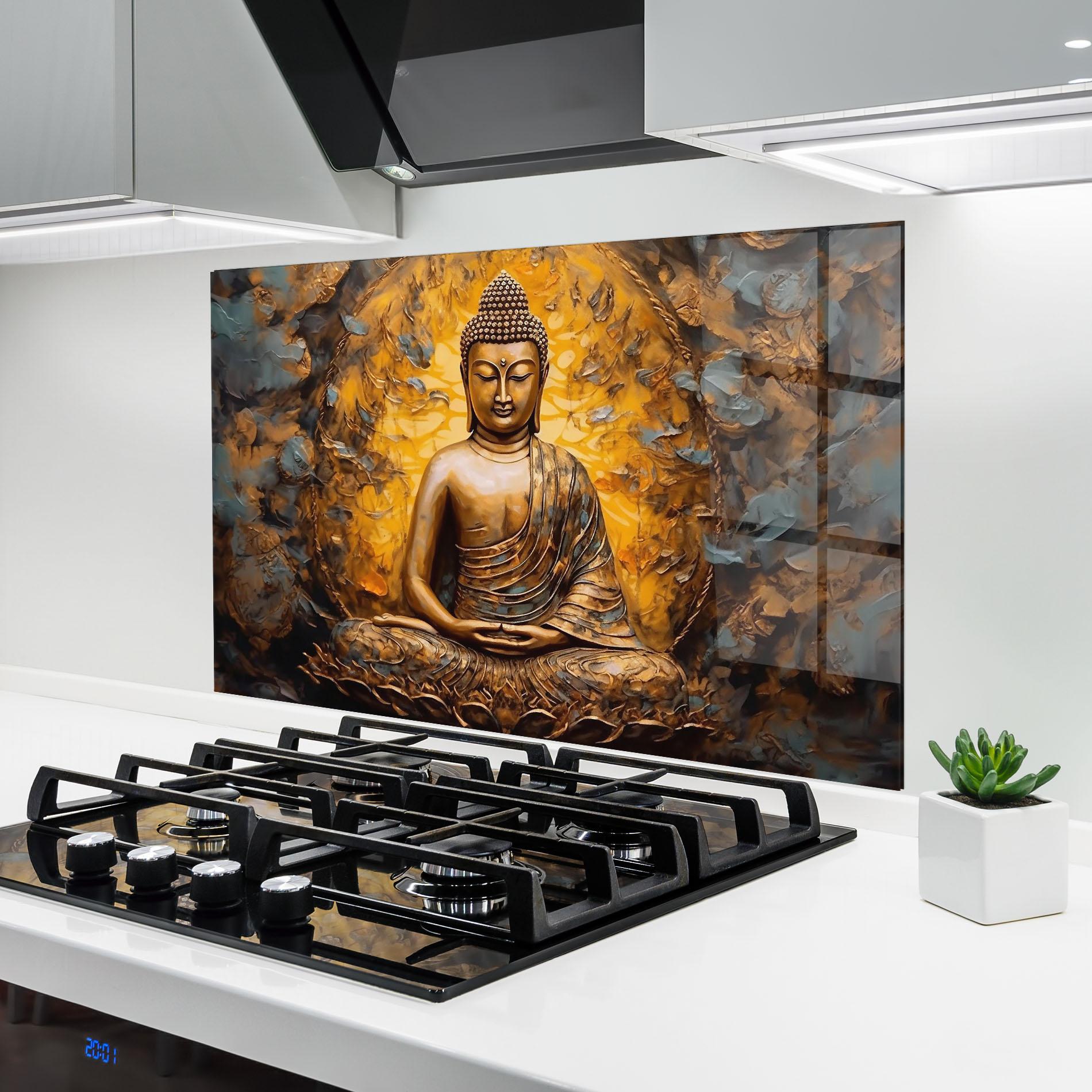 Panou Sticla Bucatarie Gold Grey Buddha mockup 6