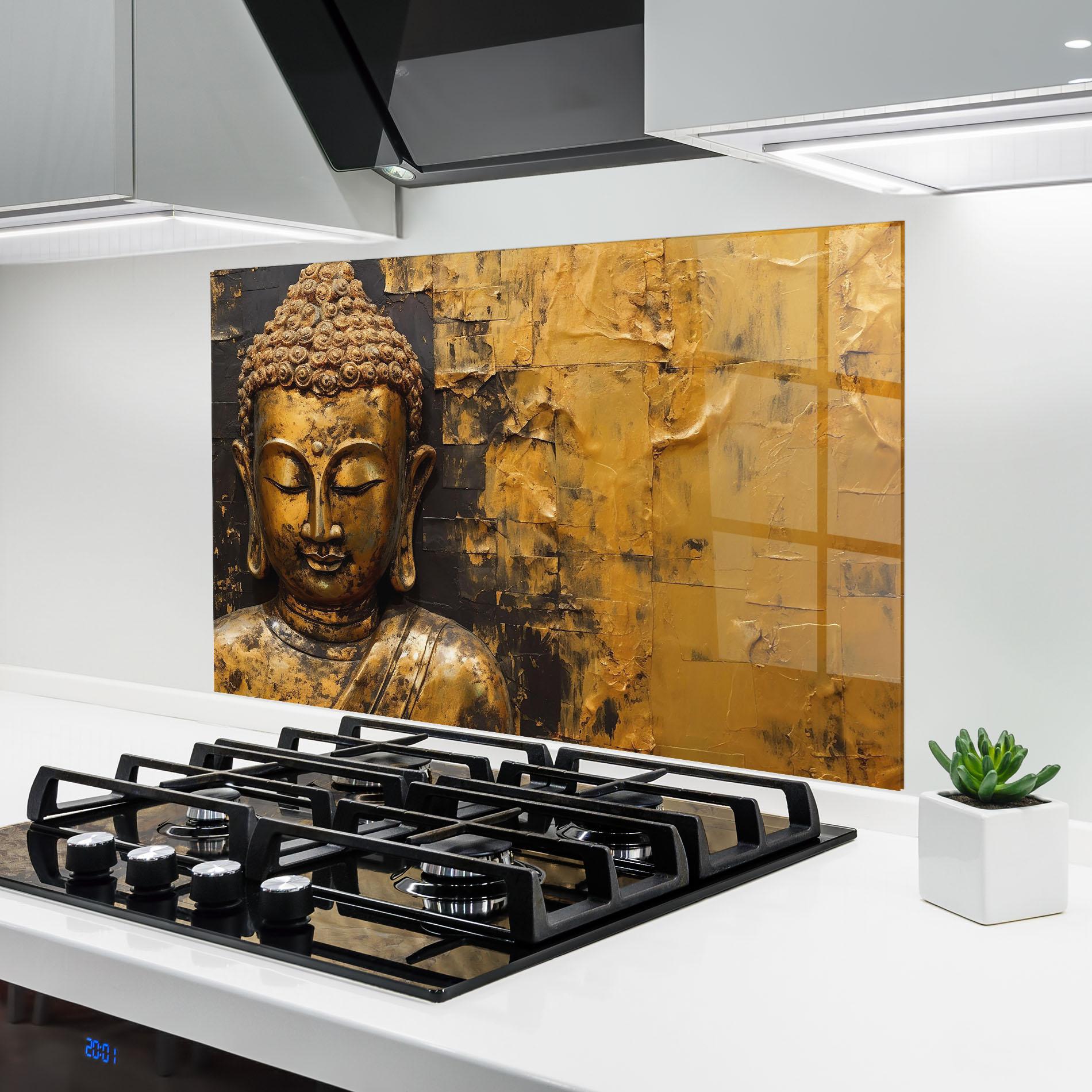 Panou Sticla Bucatarie Gold Paint Buddha mockup 6