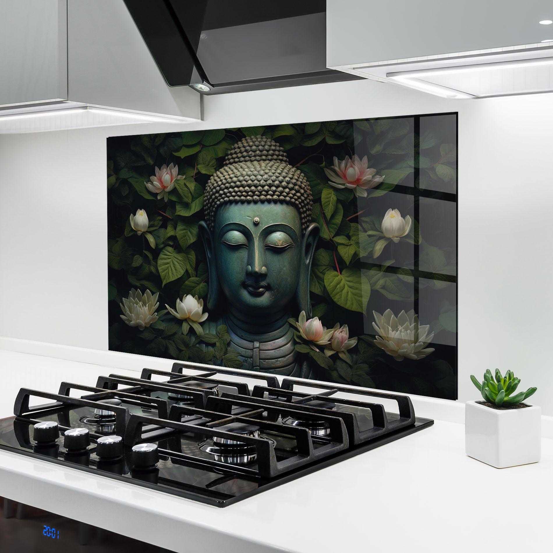 Panou Sticla Bucatarie Green Statue Buddha mockup 6