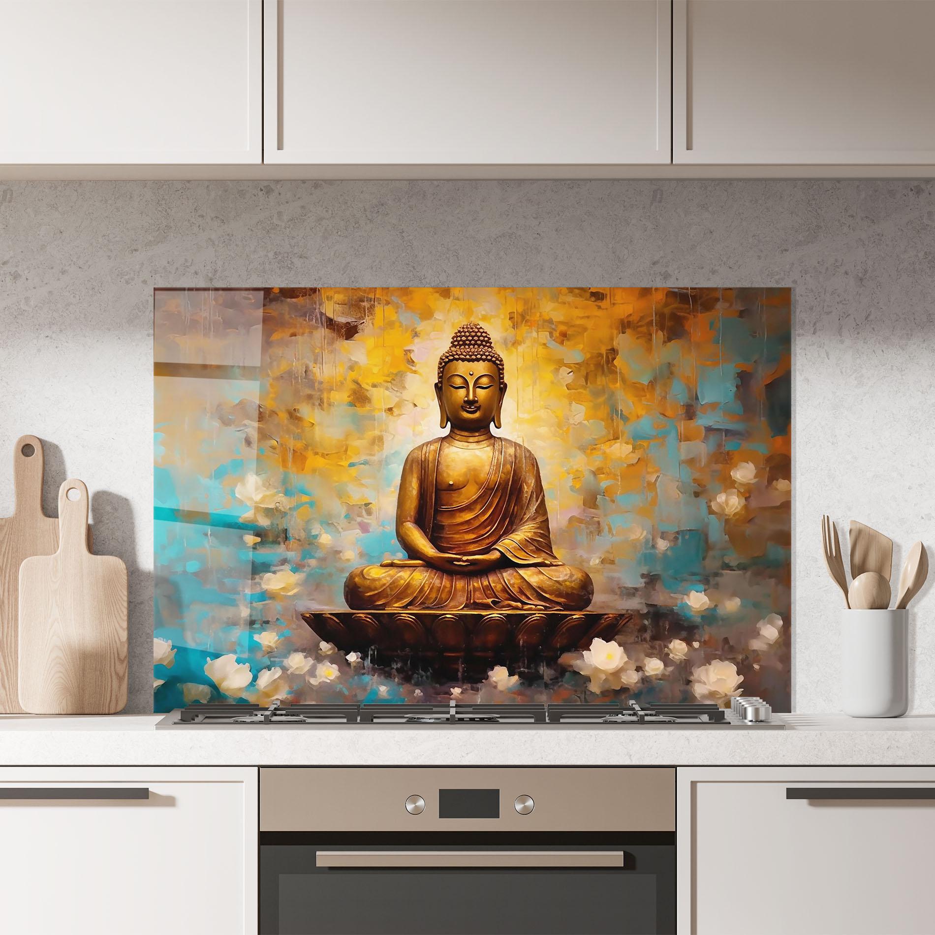 Panou Sticla Bucatarie Blue Gold Buddha mockup 7