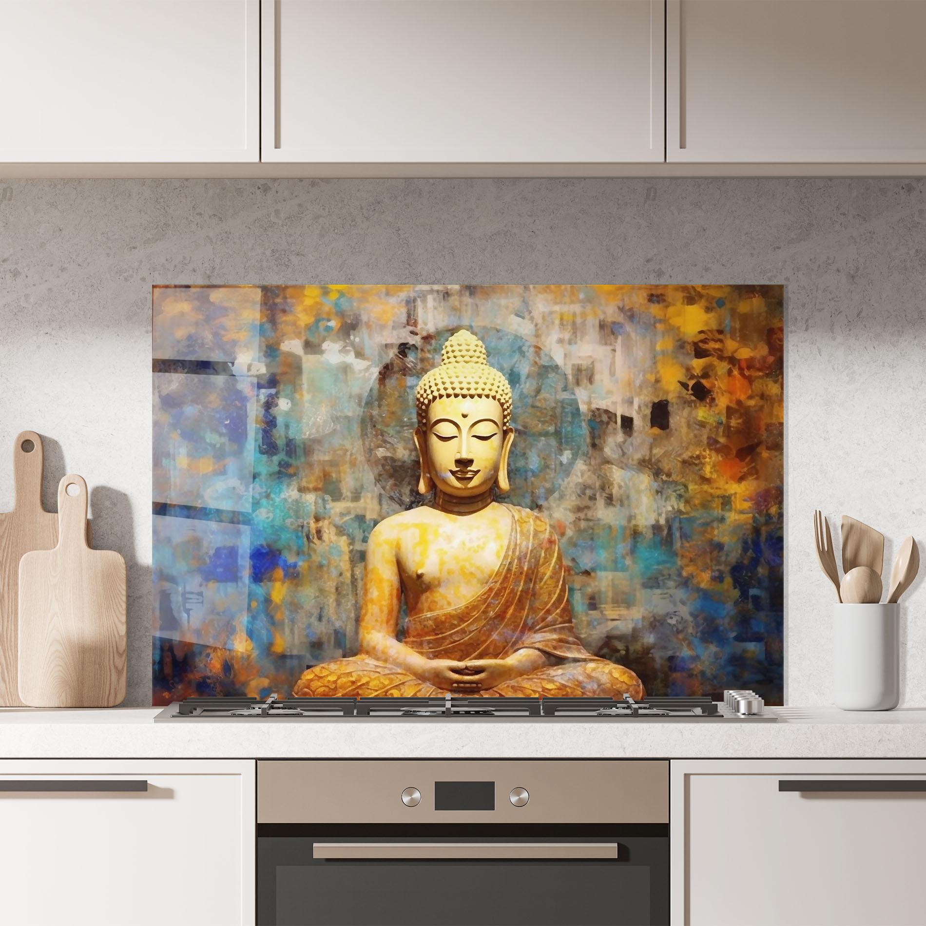 Panou Sticla Bucatarie Buddha Blue Gold mockup 7