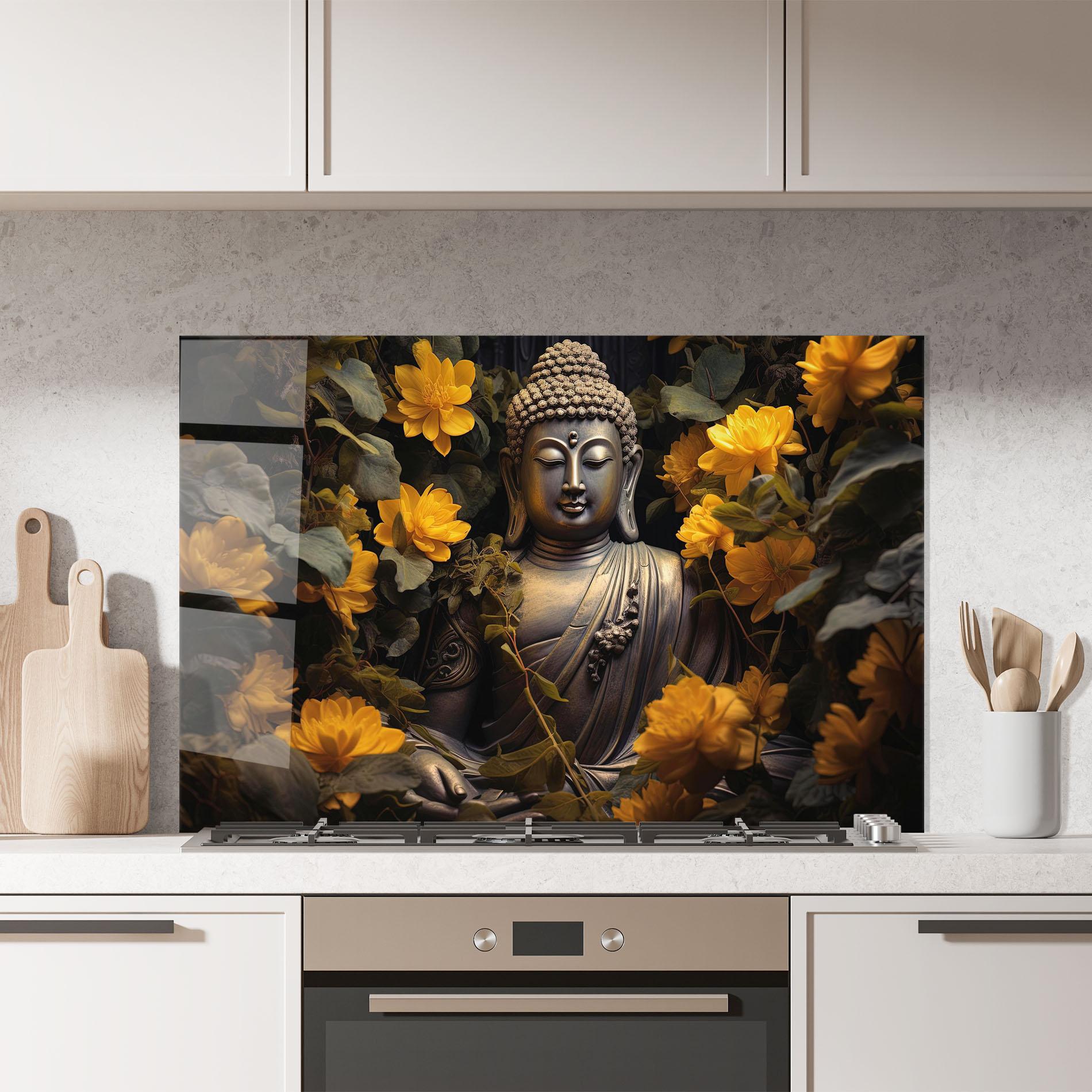 Panou Sticla Bucatarie Buddha Yellow Meditation mockup 7