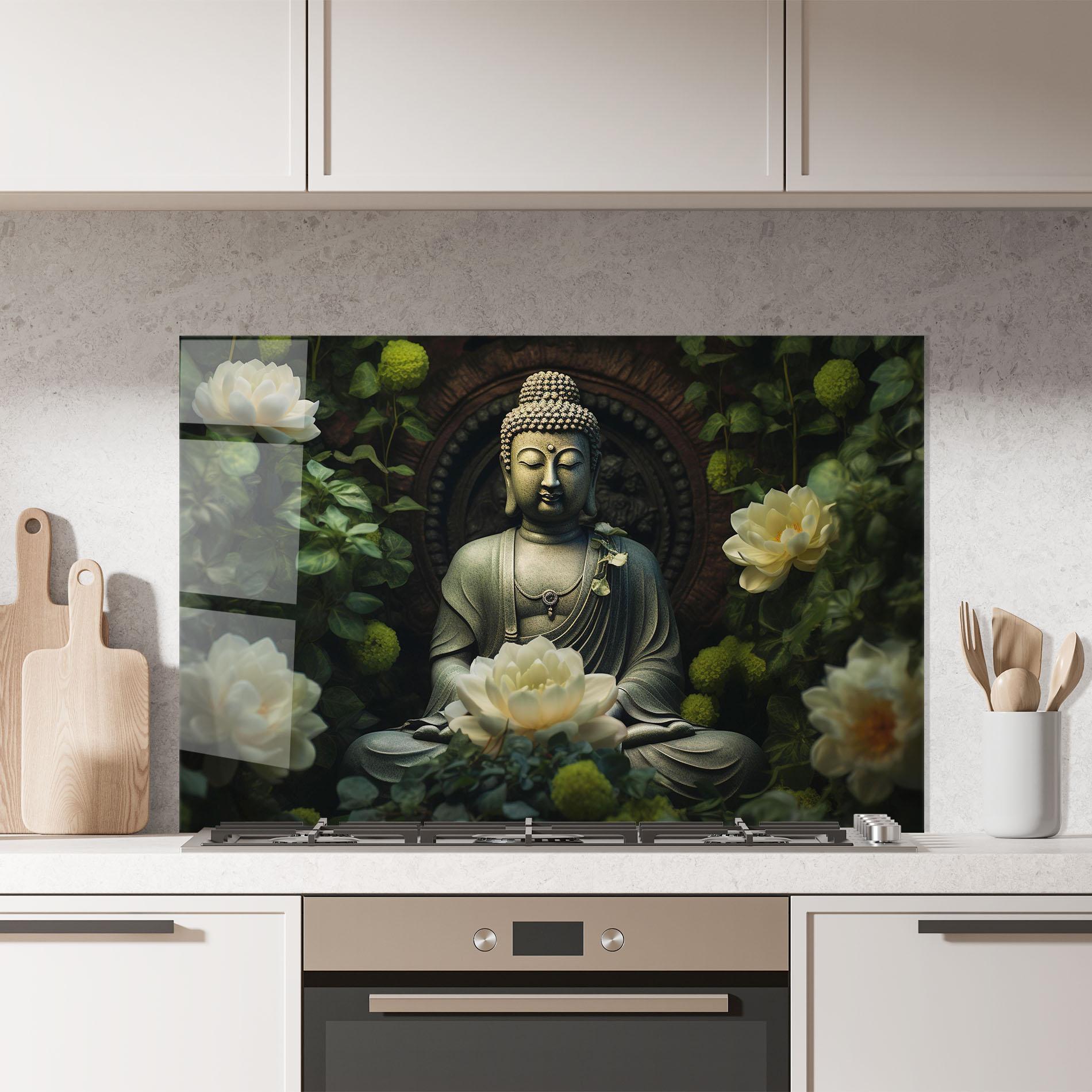 Panou Sticla Bucatarie Cream Flower Buddha mockup 7